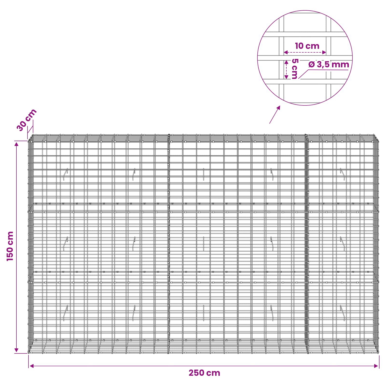 Gabion z 3,5 mm žico in 5x10 cm mrežo 250x30x150 cm