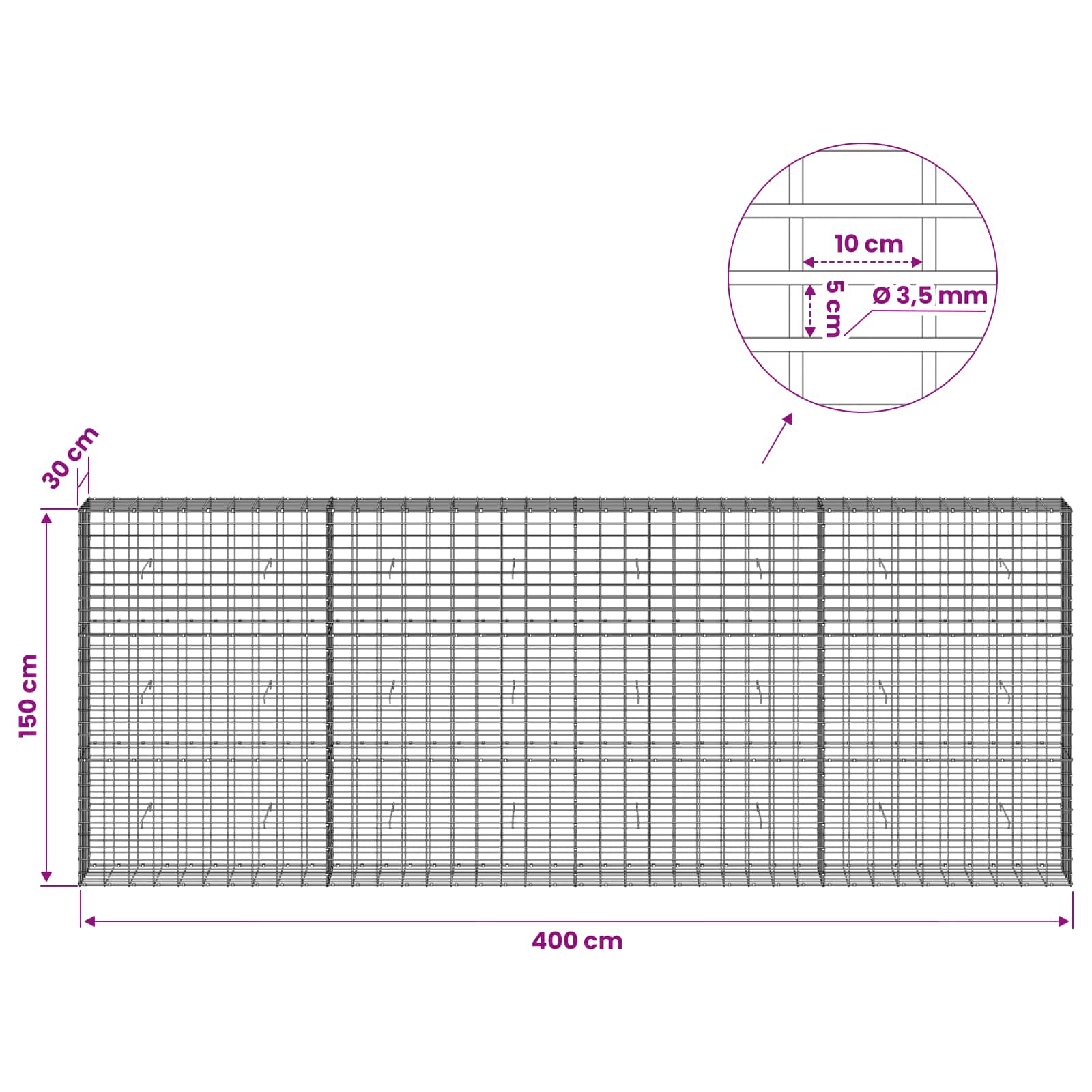 Gabion z 3,5 mm žico in 5x10 cm mrežo 400x30x150 cm