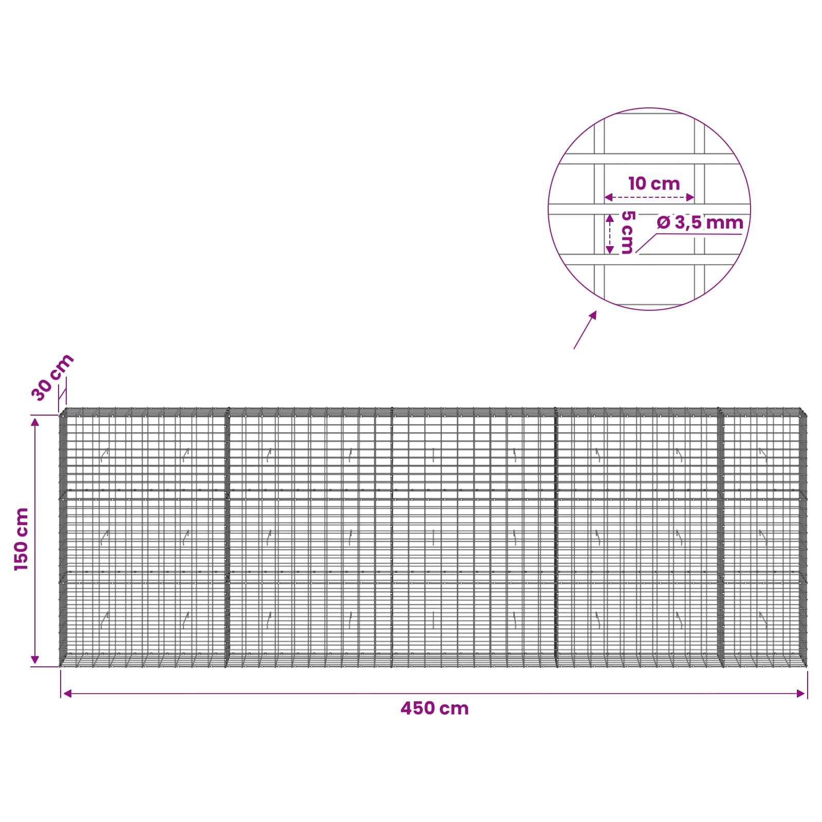 Gabion z 3,5 mm žico in 5x10 cm mrežo 450x30x150 cm