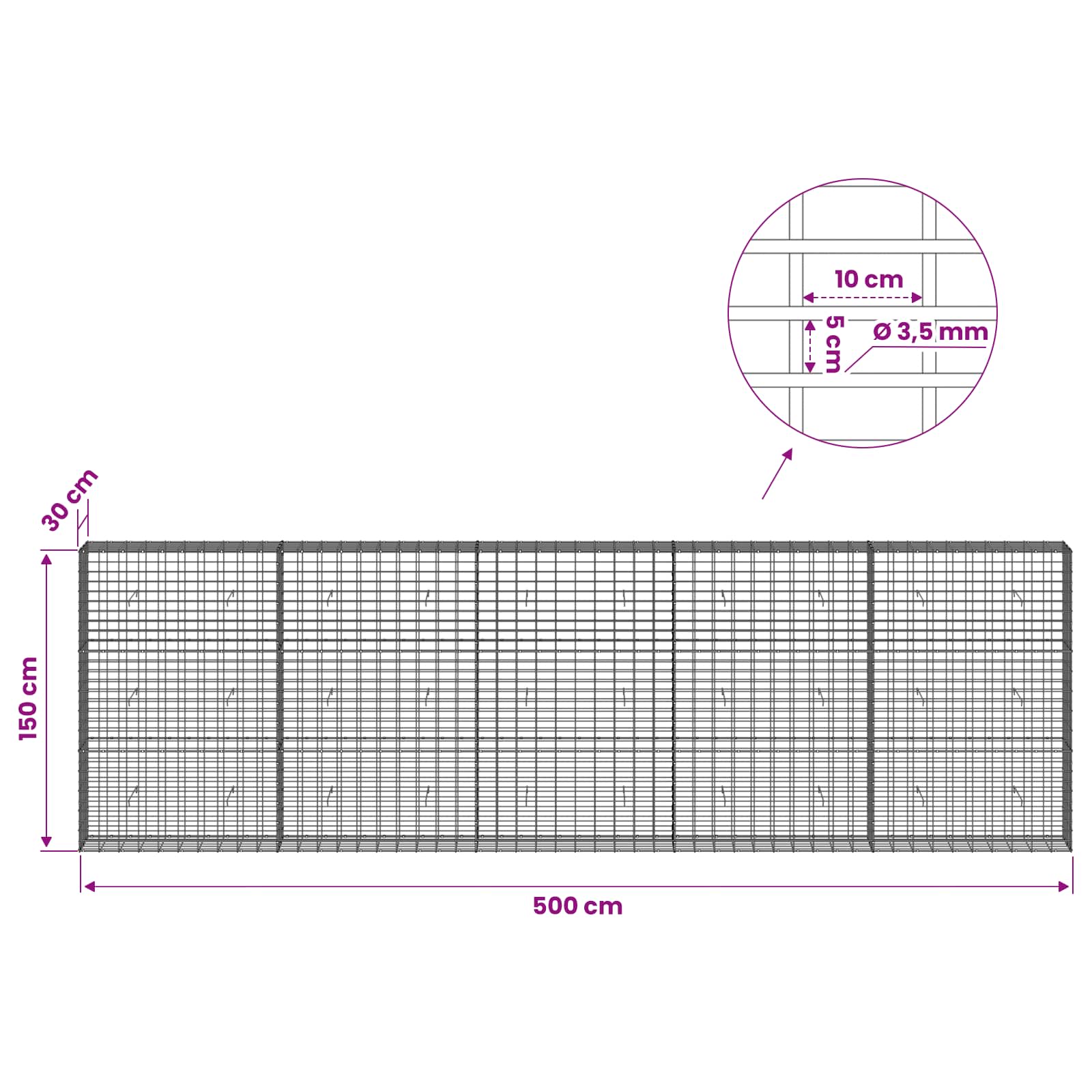 Gabion z 3,5 mm žico in 5x10 cm mrežo 500x30x150 cm