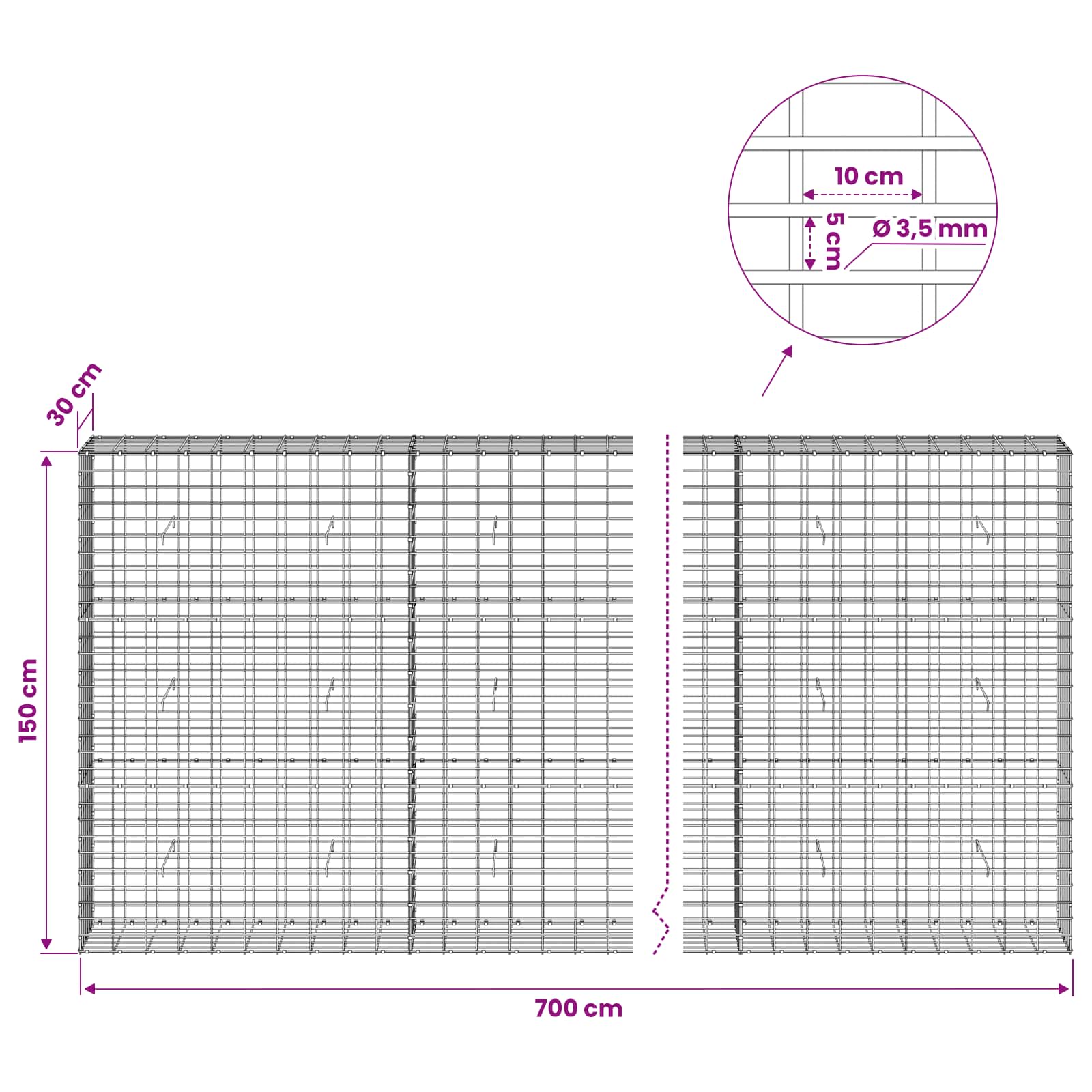 Gabion z 3,5 mm žico in 5x10 cm mrežo 700x30x150 cm