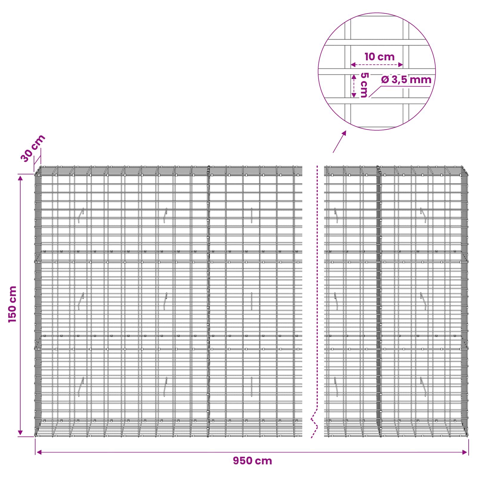 Gabion z 3,5 mm žico in 5x10 cm mrežo 950x30x150 cm
