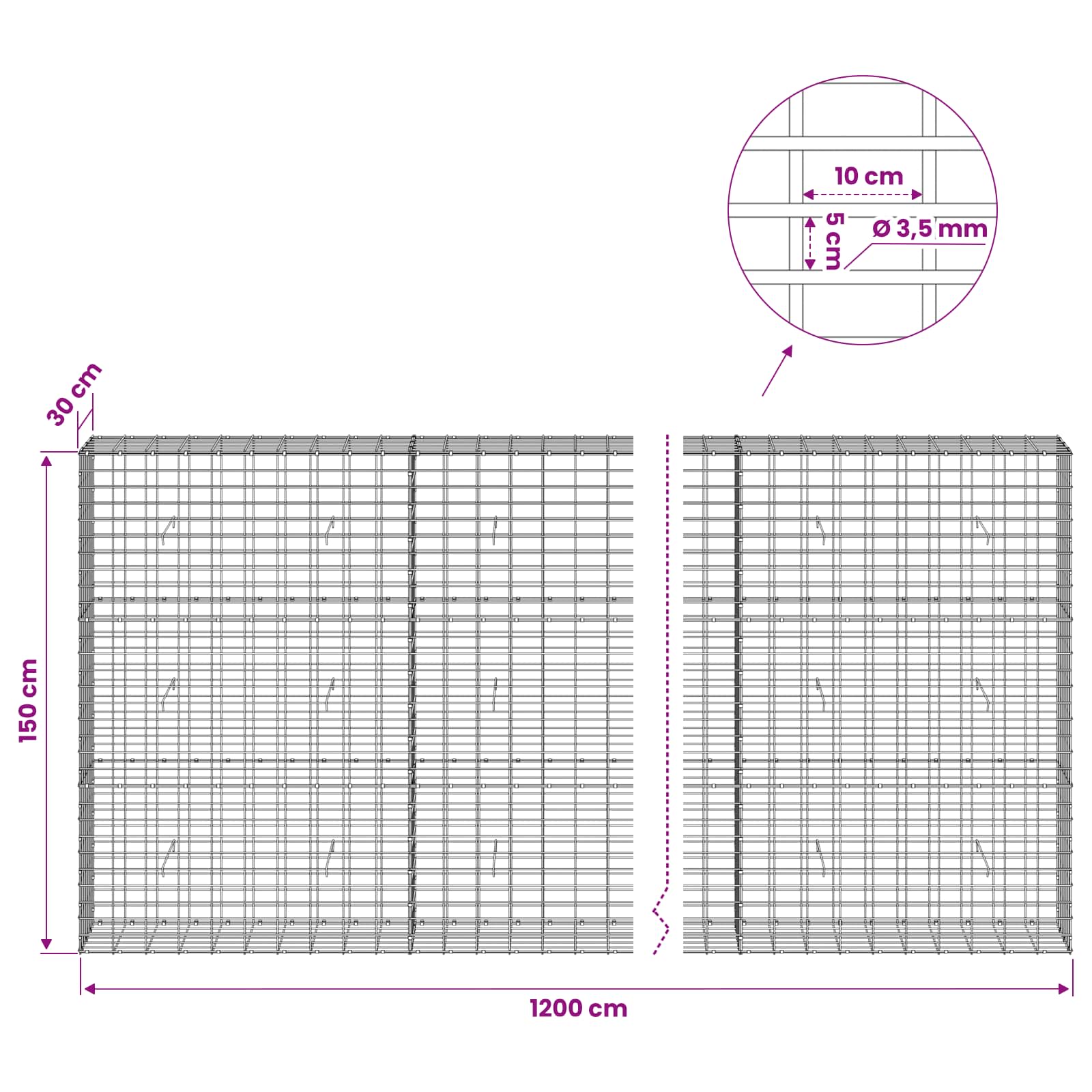 Gabion z 3,5 mm žico in 5x10 cm mrežo 1200x30x150 cm