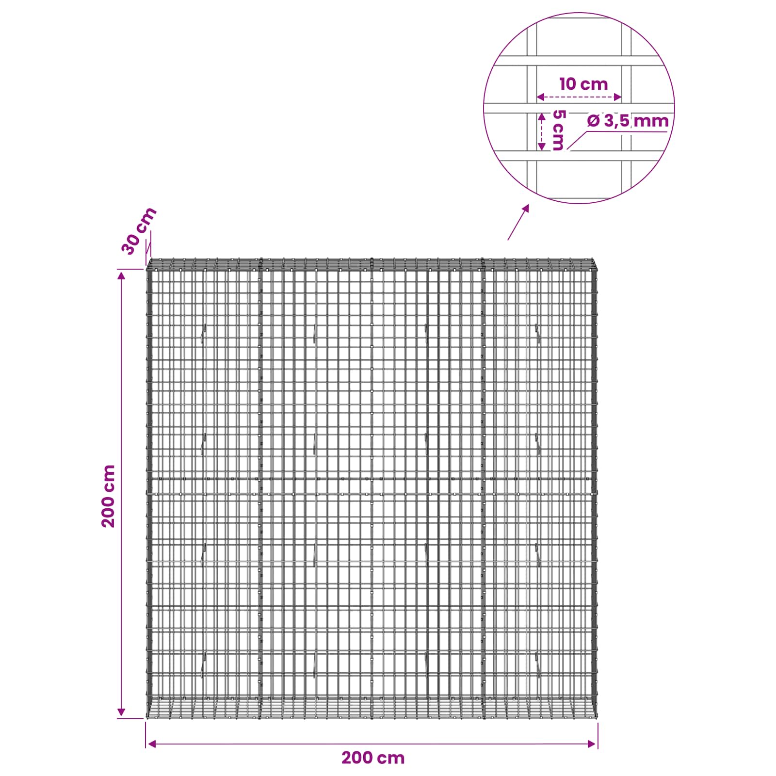 Gabion z 3,5 mm žico in 5x10 cm mrežo 200x30x200 cm