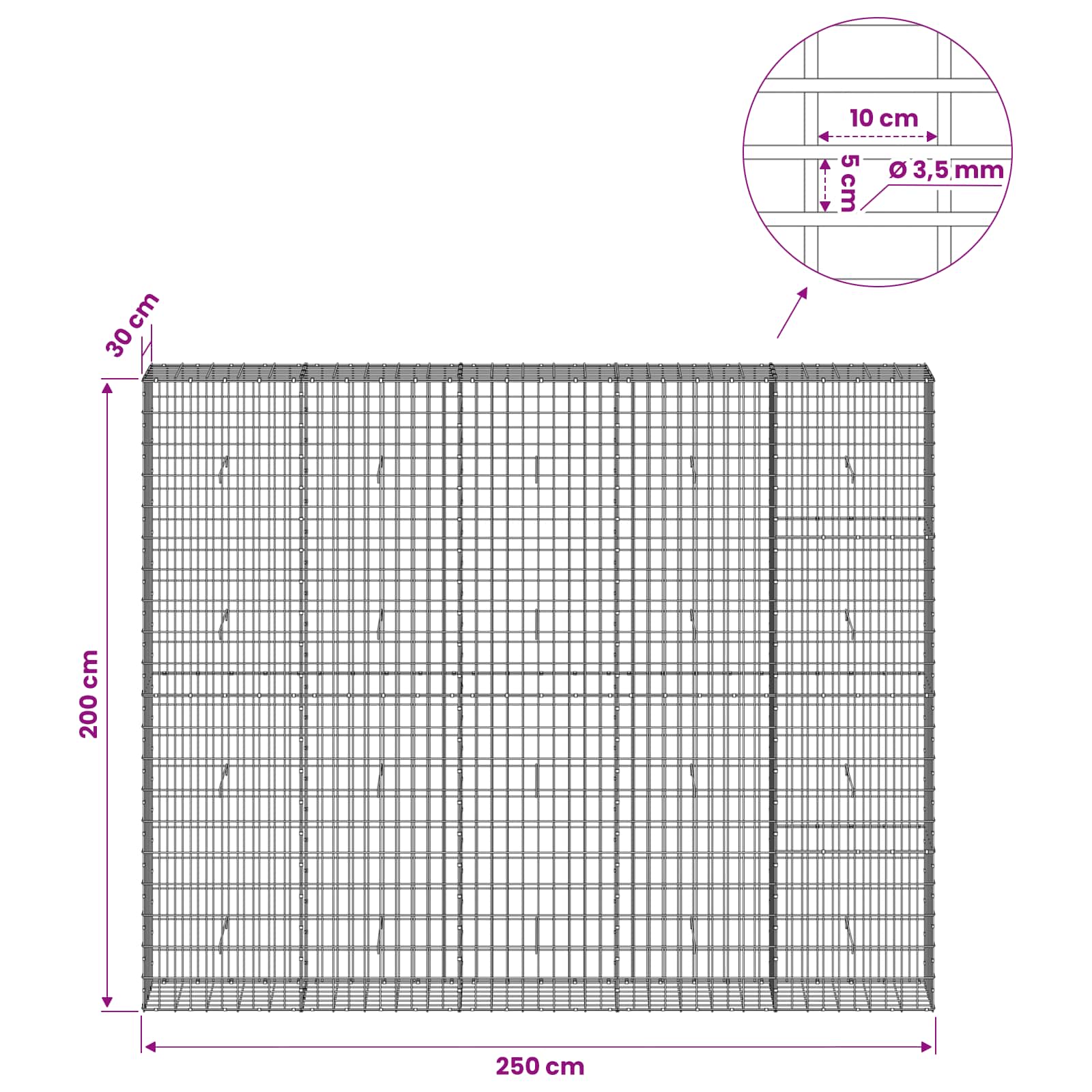 Gabion z 3,5 mm žico in 5x10 cm mrežo 250x30x200 cm