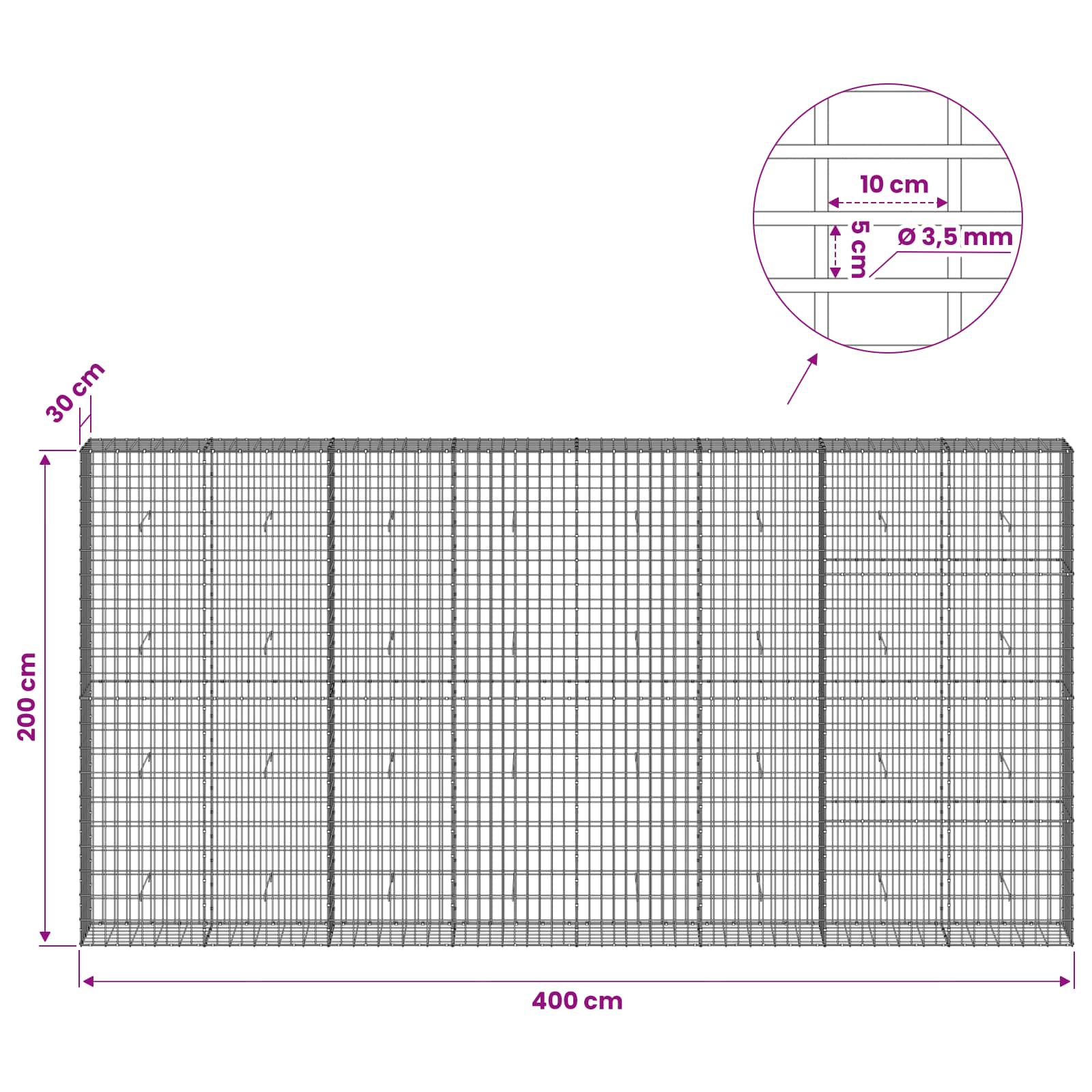 Gabion z 3,5 mm žico in 5x10 cm mrežo 400x30x200 cm