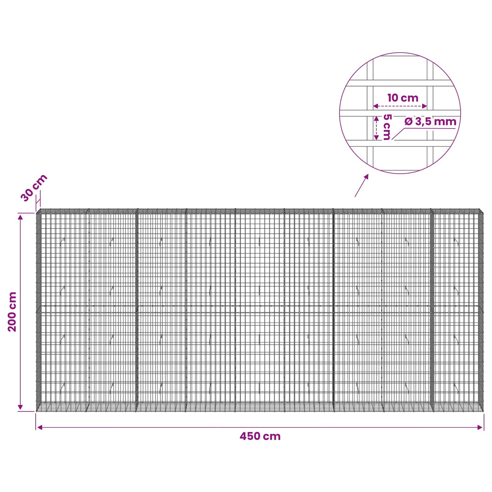 Gabion z 3,5 mm žico in 5x10 cm mrežo 450x30x200 cm