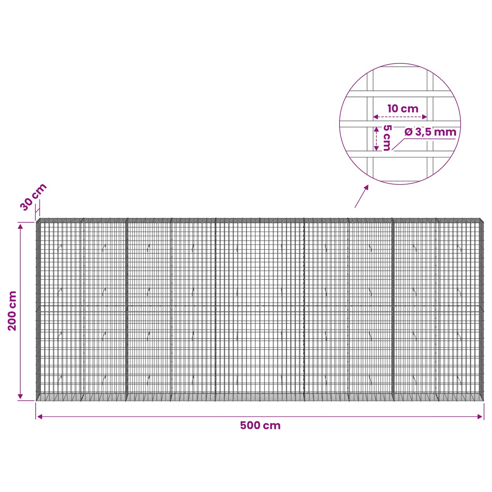 Gabion z 3,5 mm žico in 5x10 cm mrežo 500x30x200 cm