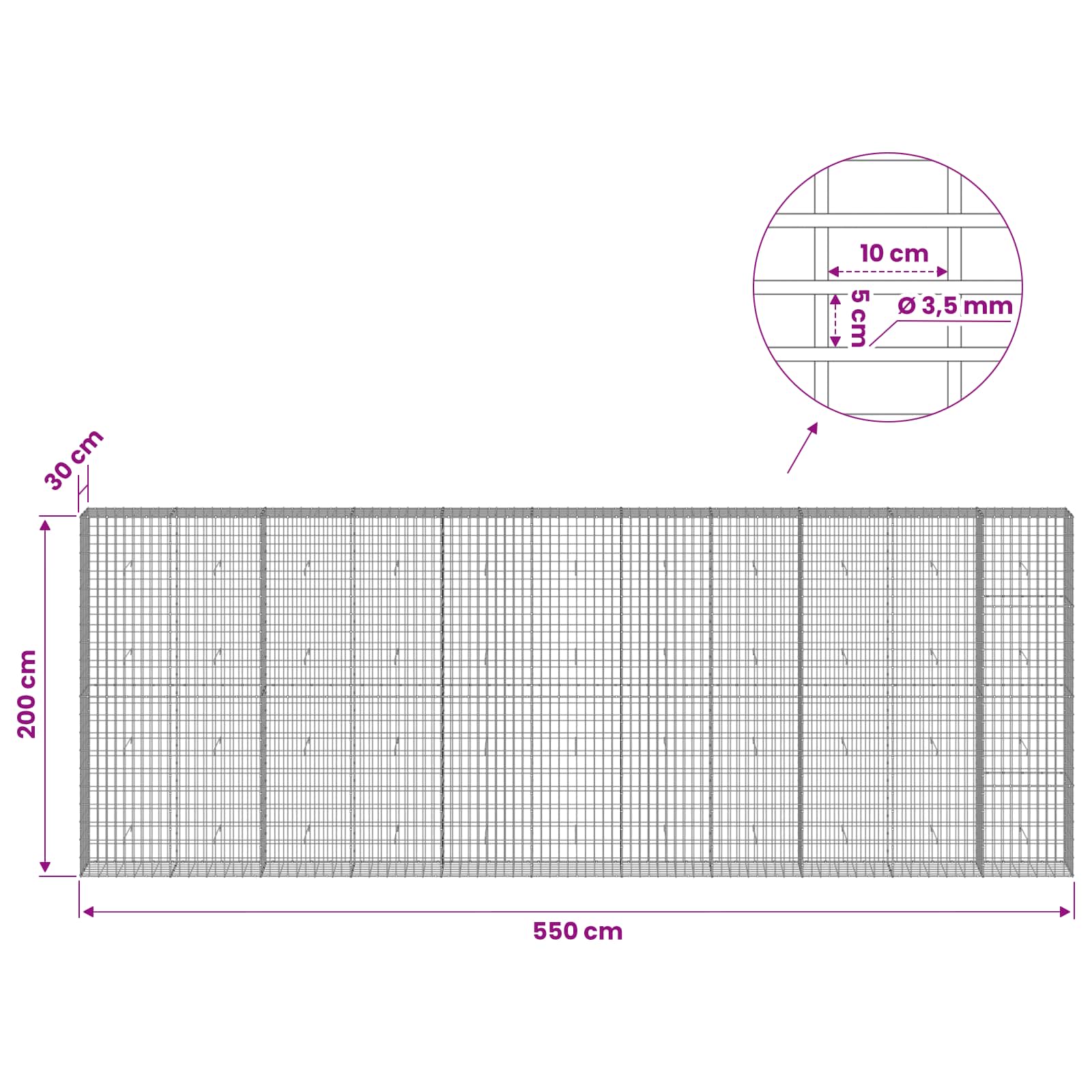 Gabion z 3,5 mm žico in 5x10 cm mrežo 550x30x200 cm