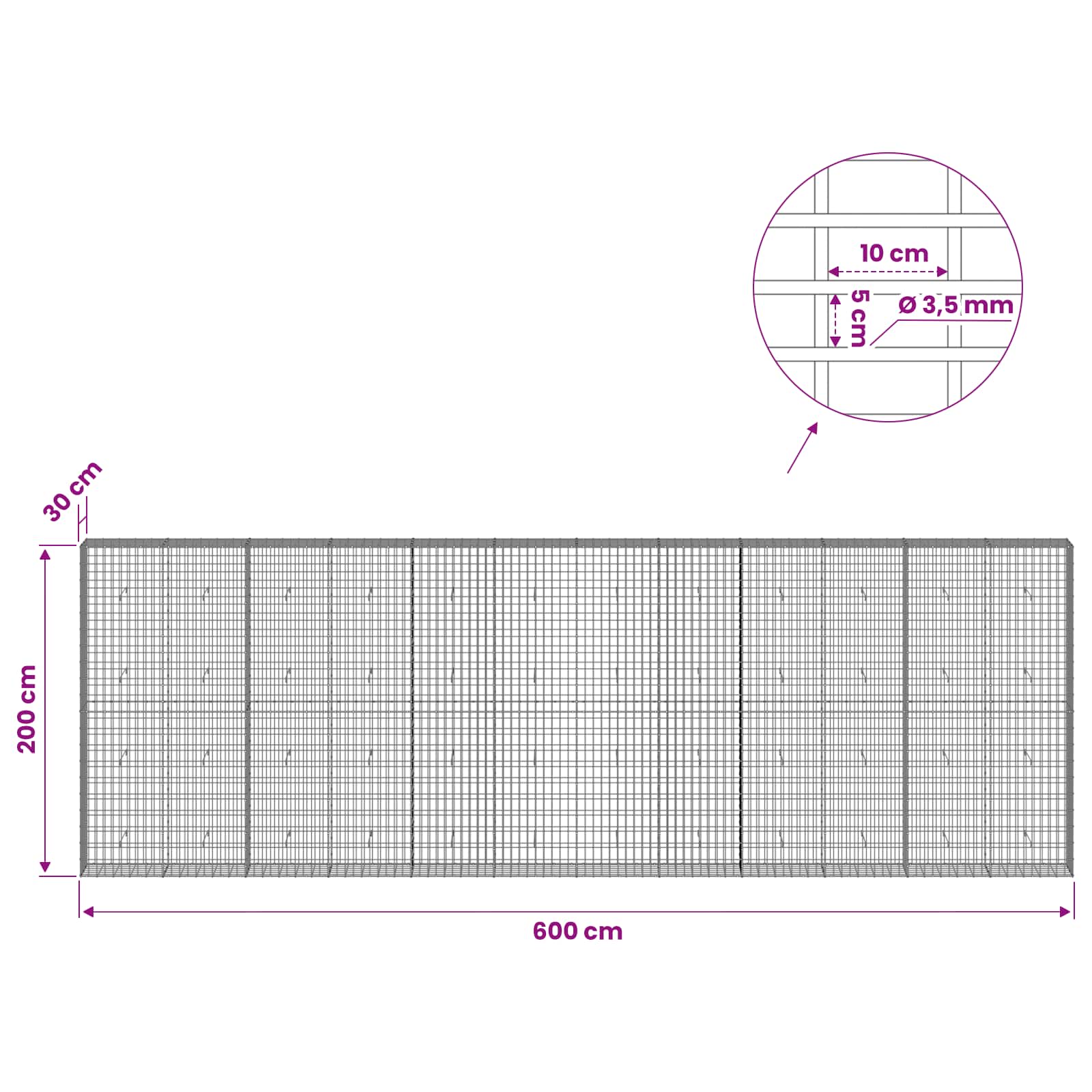 Gabion z 3,5 mm žico in 5x10 cm mrežo 600x30x200 cm
