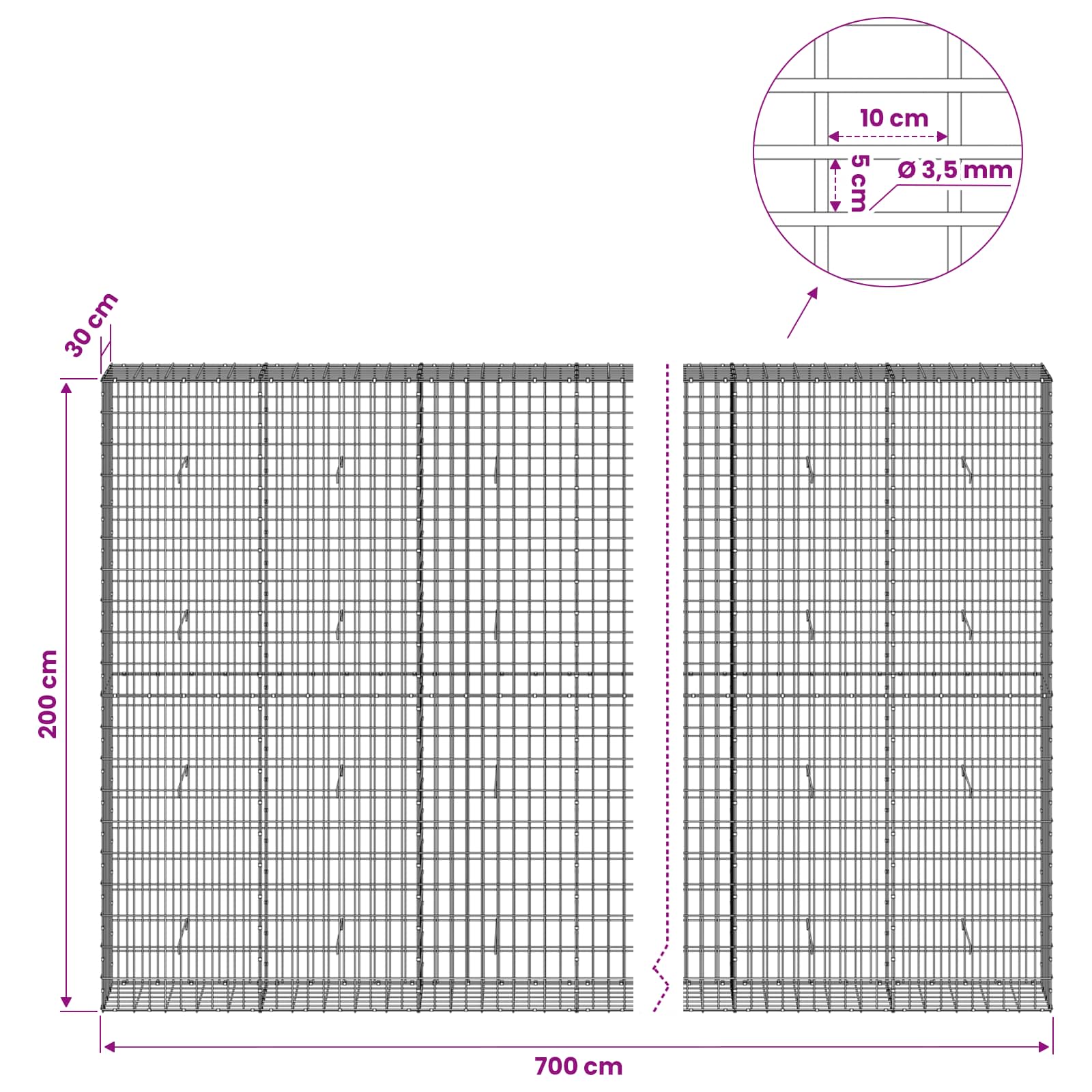 Gabion z 3,5 mm žico in 5x10 cm mrežo 700x30x200 cm