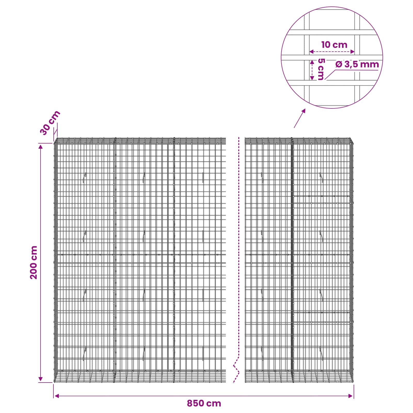 Gabion z 3,5 mm žico in 5x10 cm mrežo 850x30x200 cm