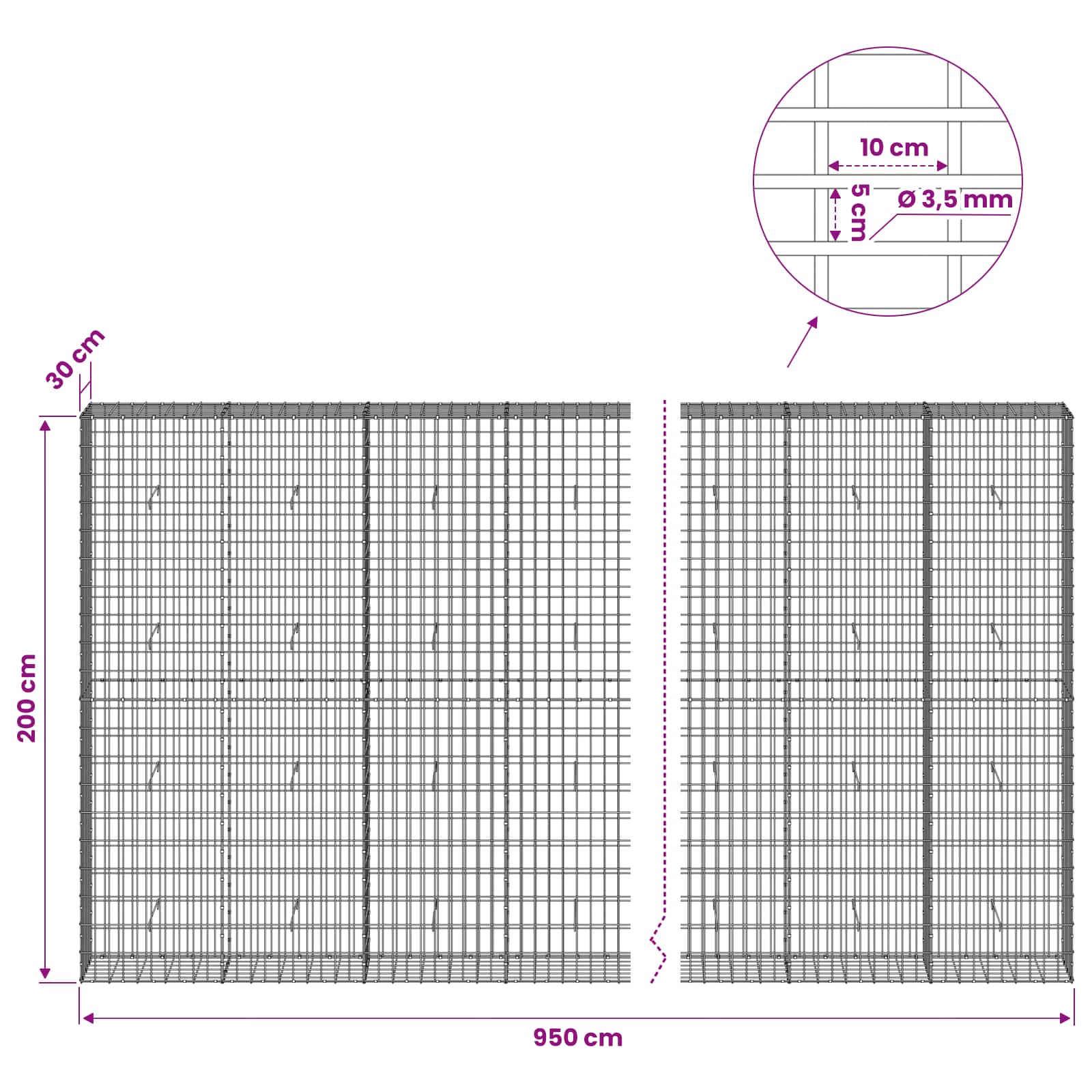 Gabion z 3,5 mm žico in 5x10 cm mrežo 950x30x200 cm