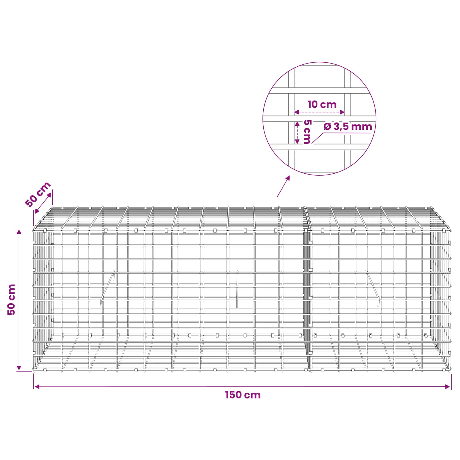 Gabion z 3,5 mm žico in 5x10 cm mrežo 150x50x50 cm