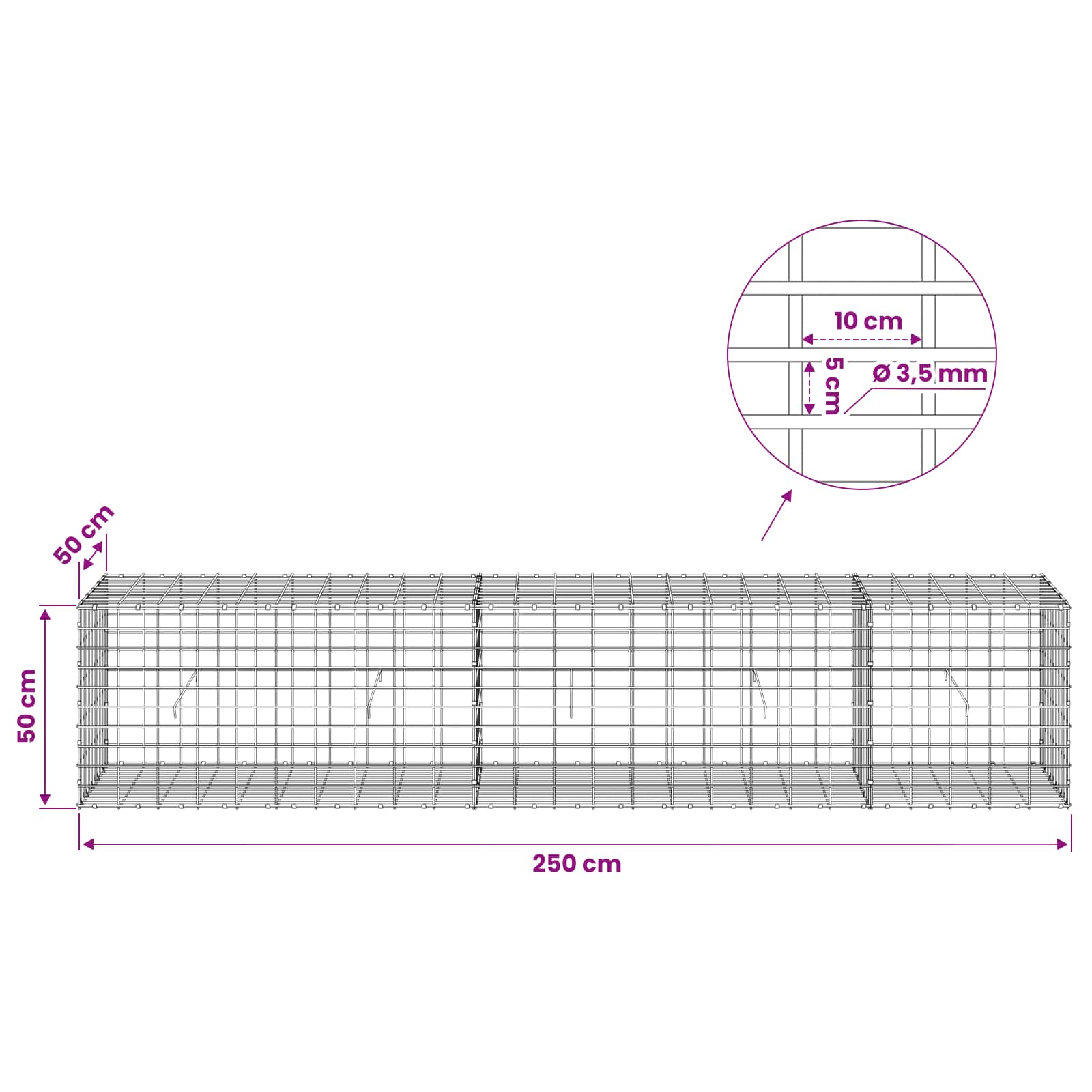 Gabion z 3,5 mm žico in 5x10 cm mrežo 250x50x50 cm