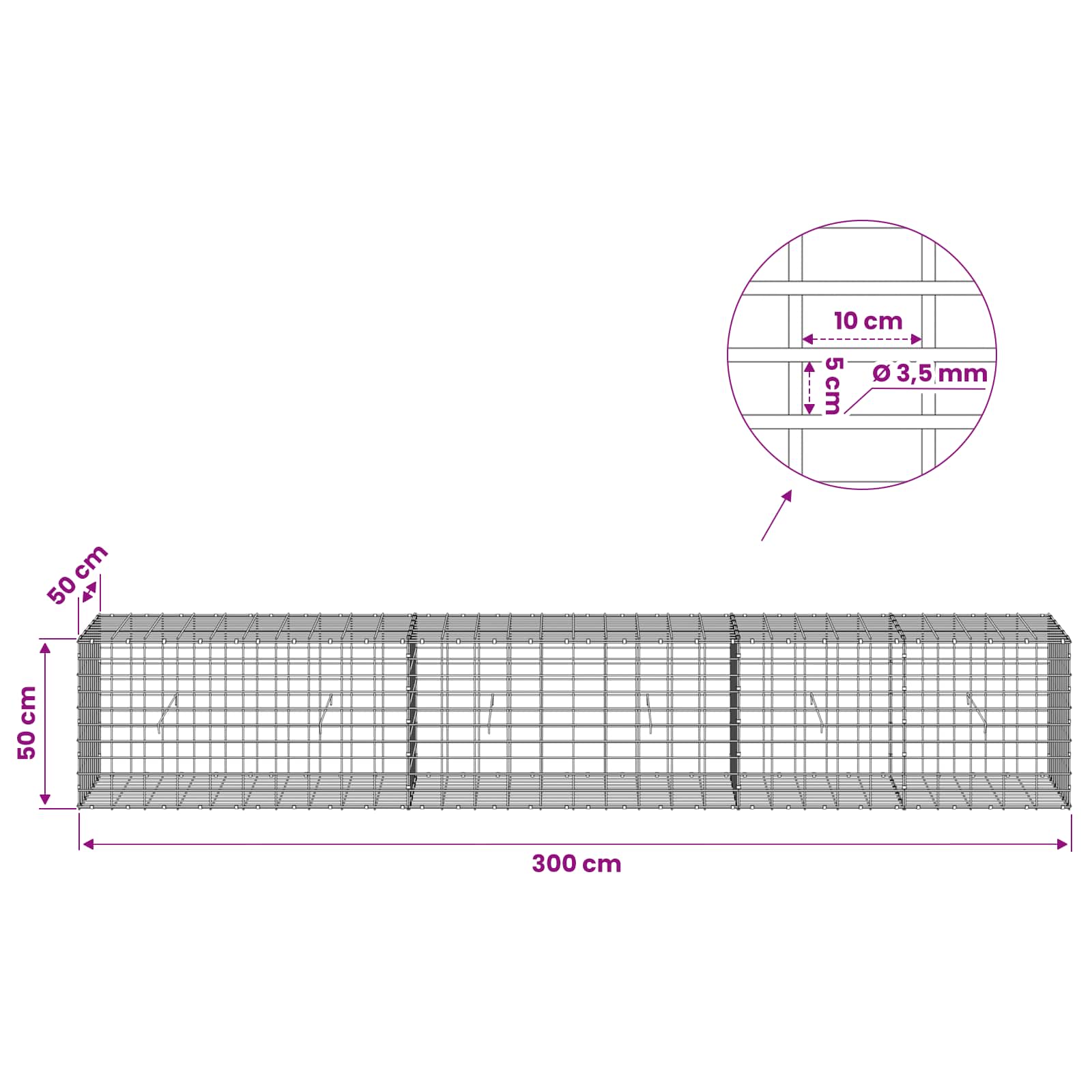Gabion z 3,5 mm žico in 5x10 cm mrežo 300x50x50 cm