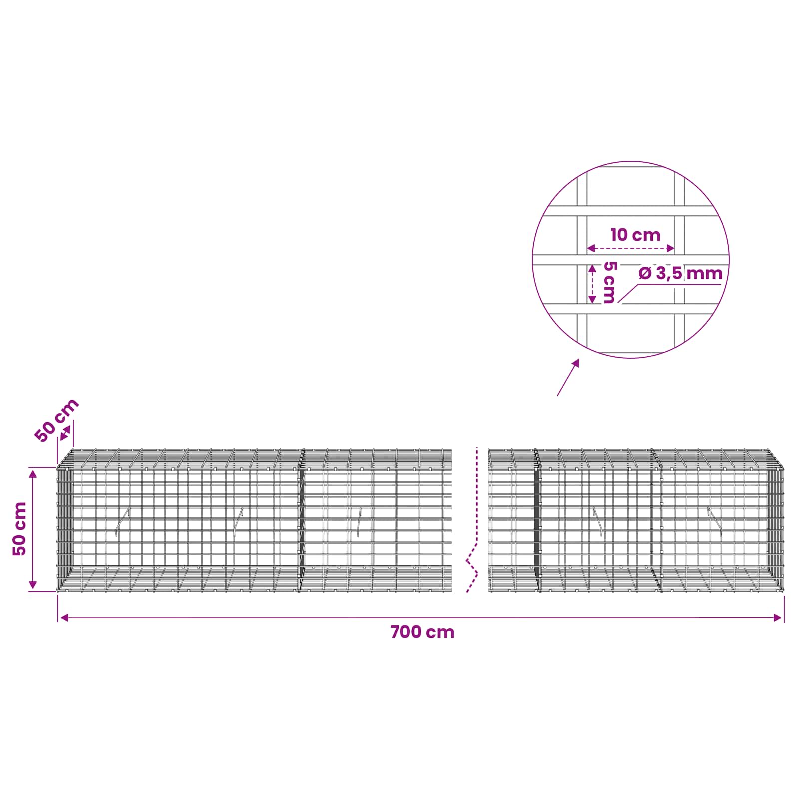 Gabion z 3,5 mm žico in 5x10 cm mrežo 700x50x50 cm