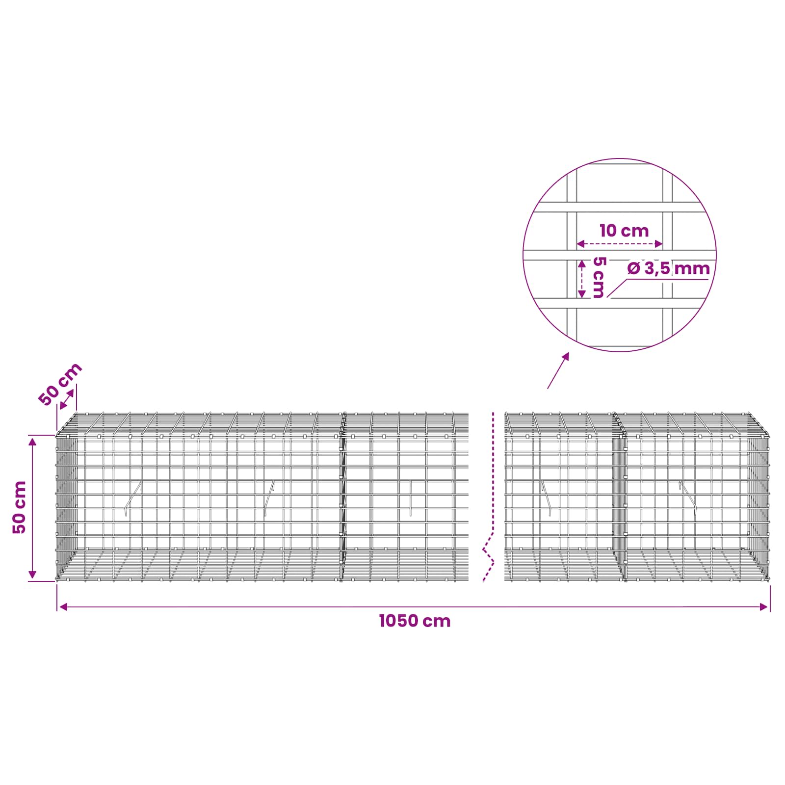 Gabion z 3,5 mm žico in 5x10 cm mrežo 1050x50x50 cm