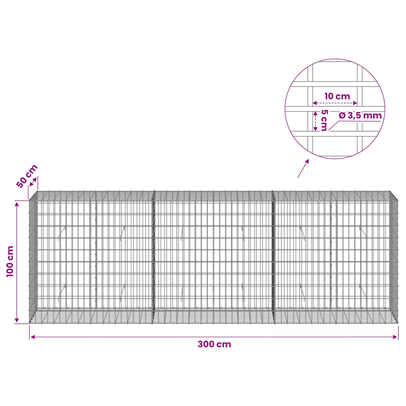 Gabion z 3,5 mm žico in 5x10 cm mrežo 300x50x100 cm