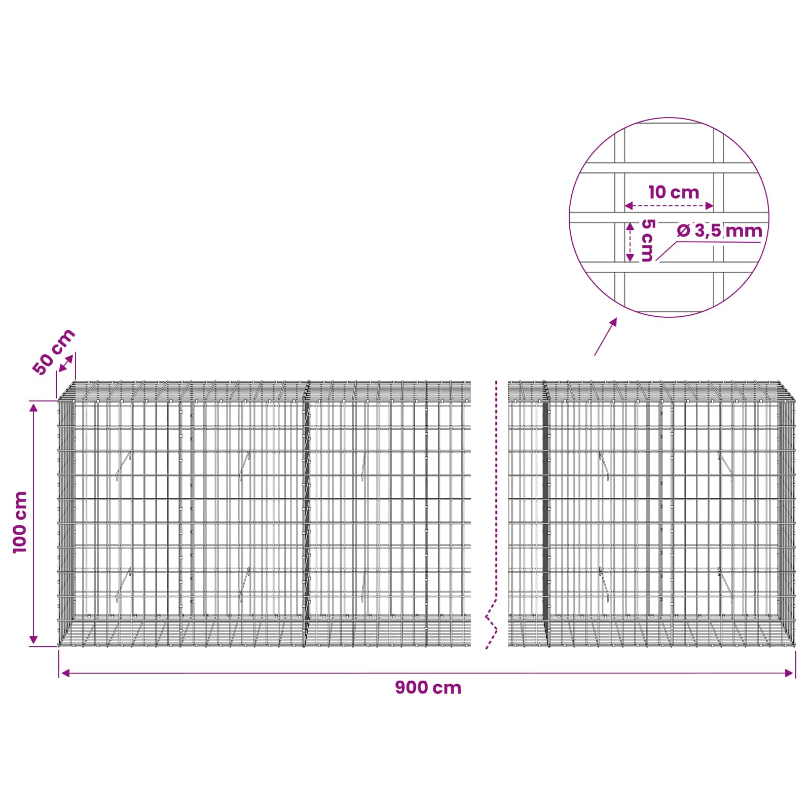 Gabion z 3,5 mm žico in 5x10 cm mrežo 900x50x100 cm