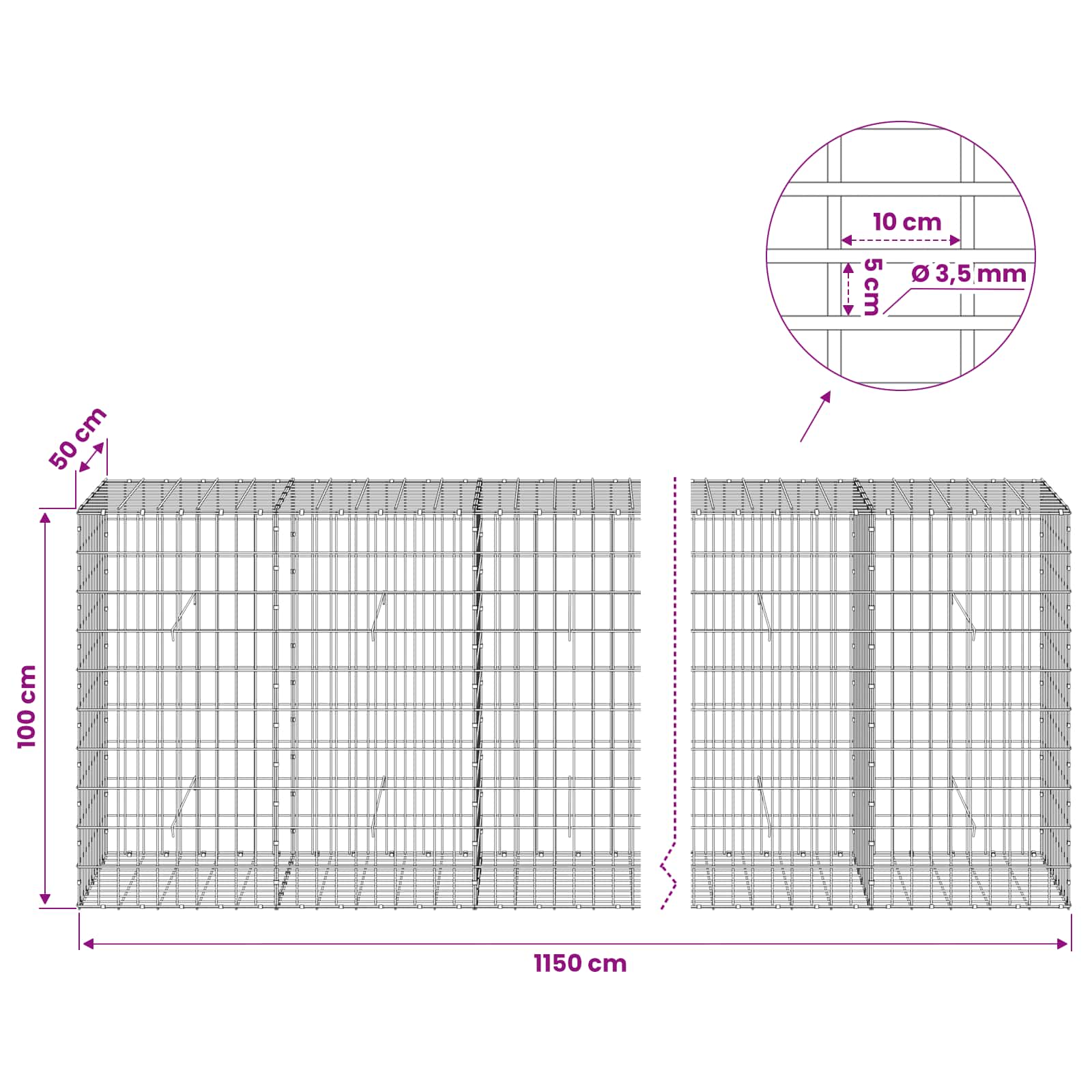 Gabion z 3,5 mm žico in 5x10 cm mrežo 1150x50x100 cm