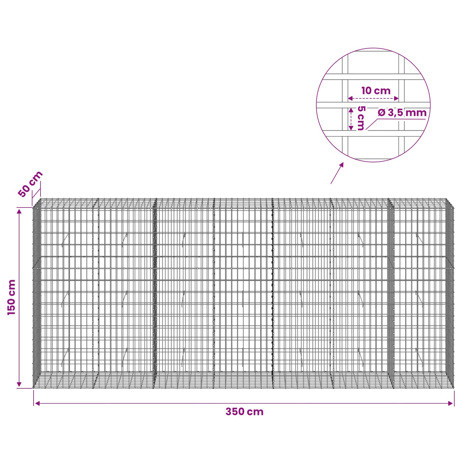Gabion z 3,5 mm žico in 5x10 cm mrežo 350x50x150 cm