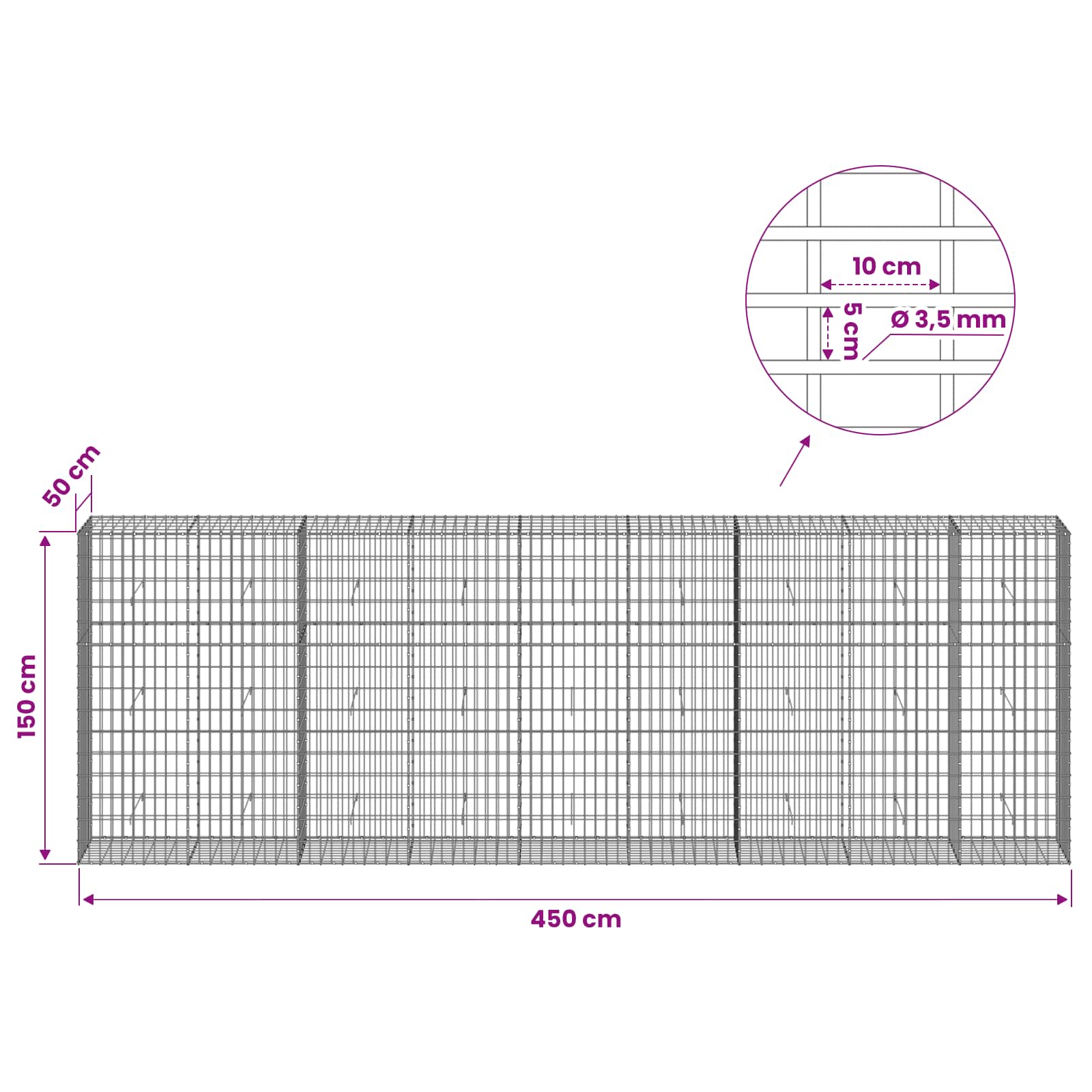 Gabion z 3,5 mm žico in 5x10 cm mrežo 450x50x150 cm