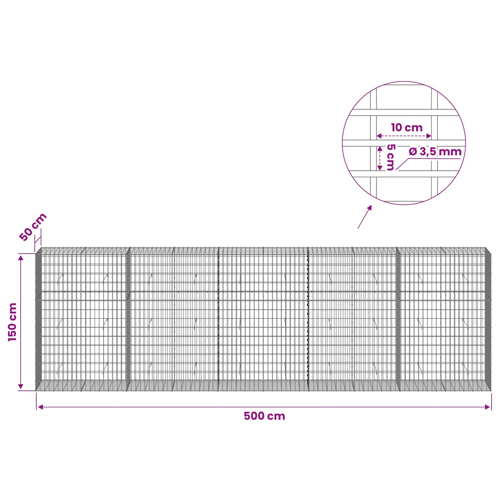 Gabion z 3,5 mm žico in 5x10 cm mrežo 500x50x150 cm