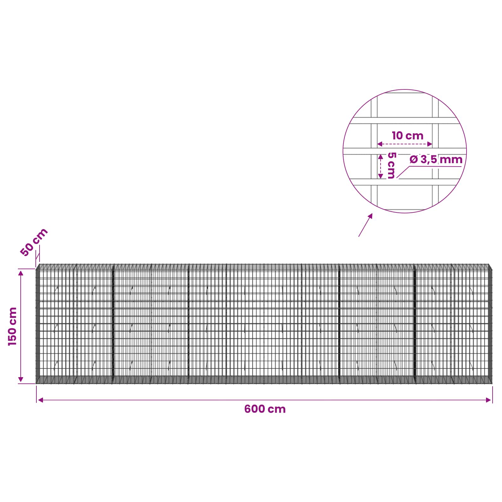 Gabion z 3,5 mm žico in 5x10 cm mrežo 600x50x150 cm