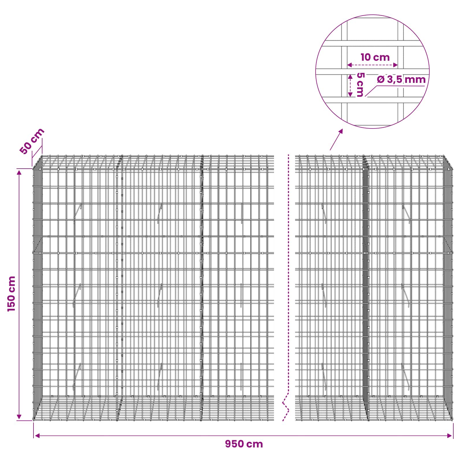 Gabion z 3,5 mm žico in 5x10 cm mrežo 950x50x150 cm