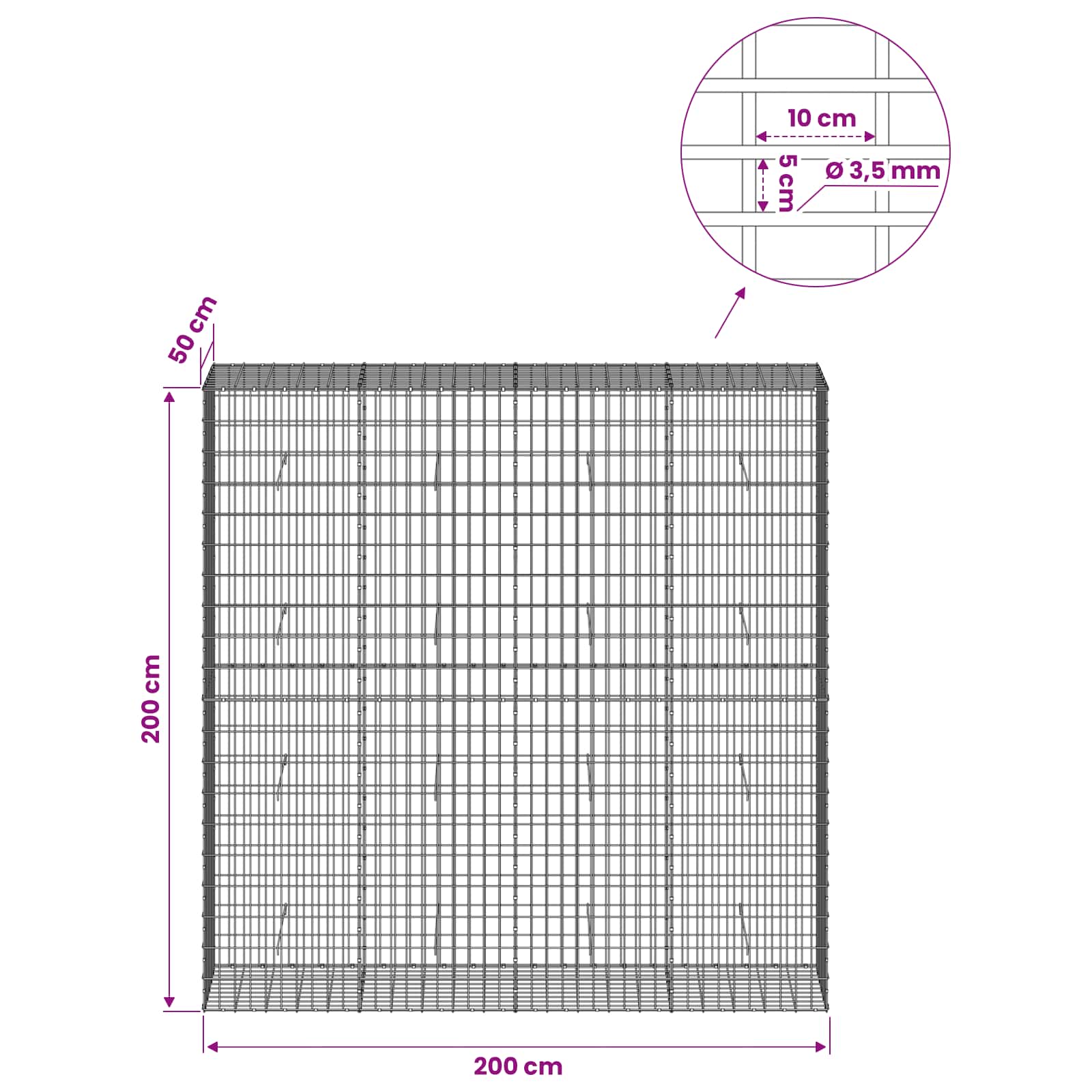 Gabion z 3,5 mm žico in 5x10 cm mrežo 200x50x200 cm