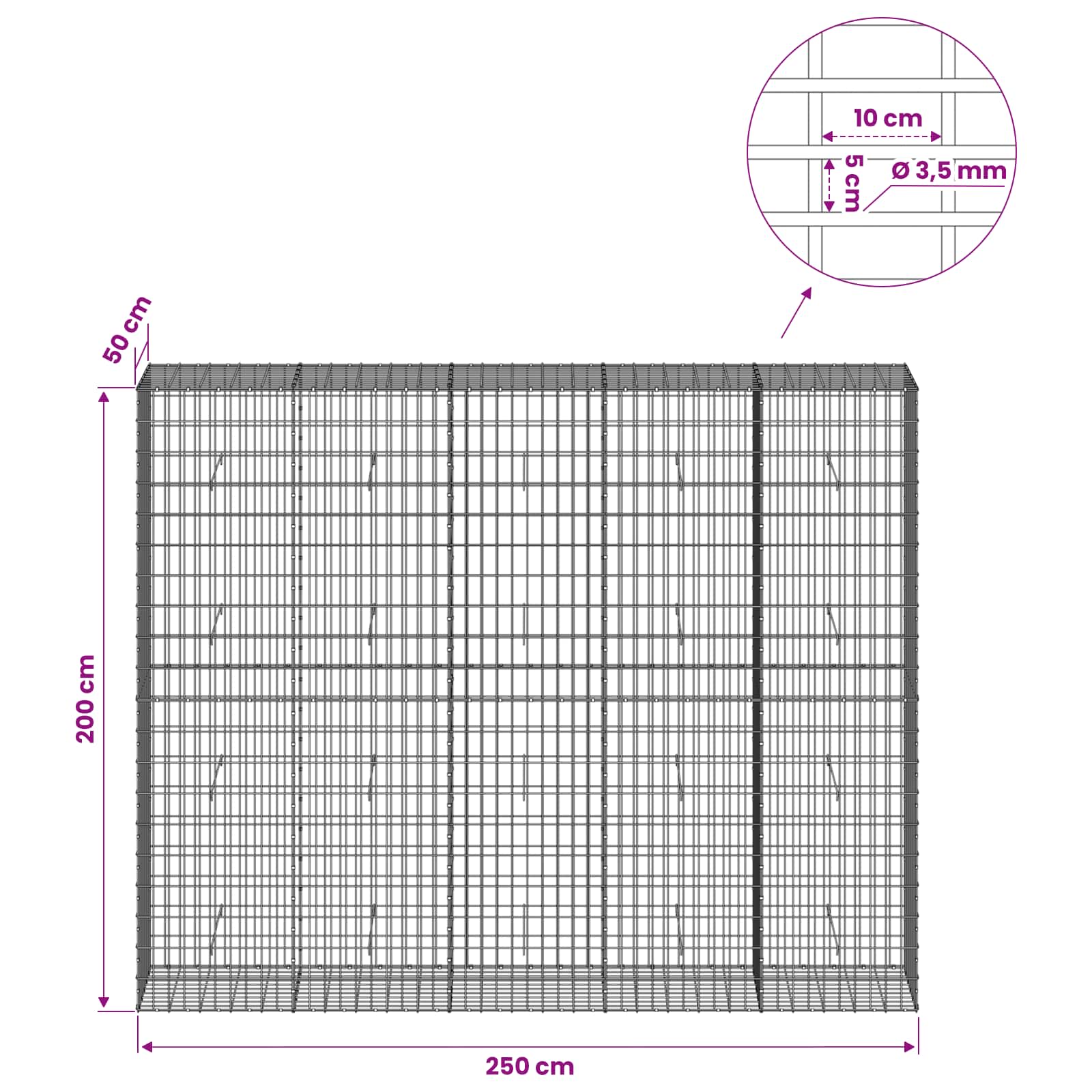 Gabion z 3,5 mm žico in 5x10 cm mrežo 250x50x200 cm