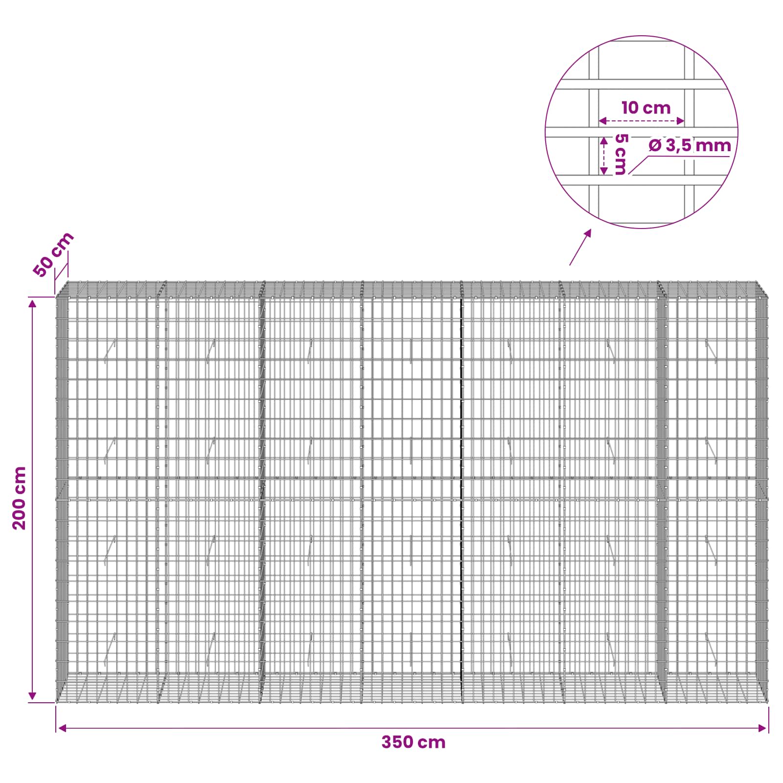 Gabion z 3,5 mm žico in 5x10 cm mrežo 350x50x200 cm