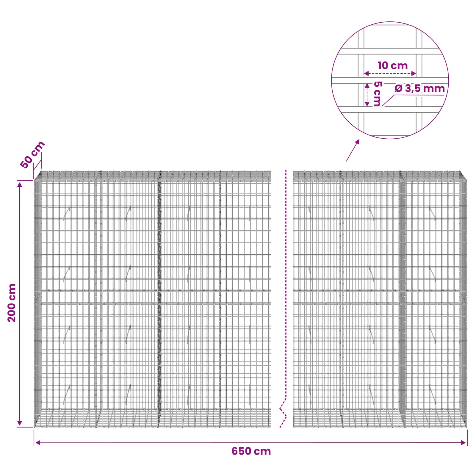 Gabion z 3,5 mm žico in 5x10 cm mrežo 650x50x200 cm