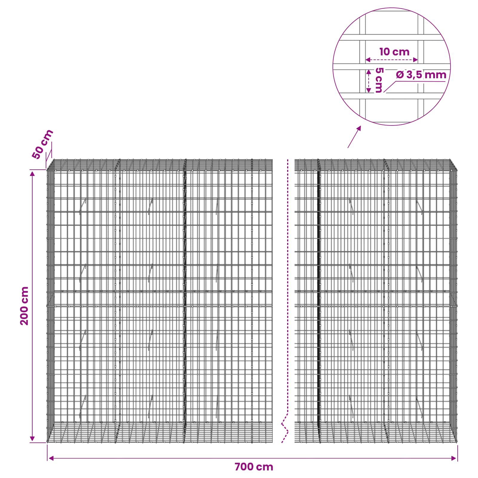 Gabion z 3,5 mm žico in 5x10 cm mrežo 700x50x200 cm