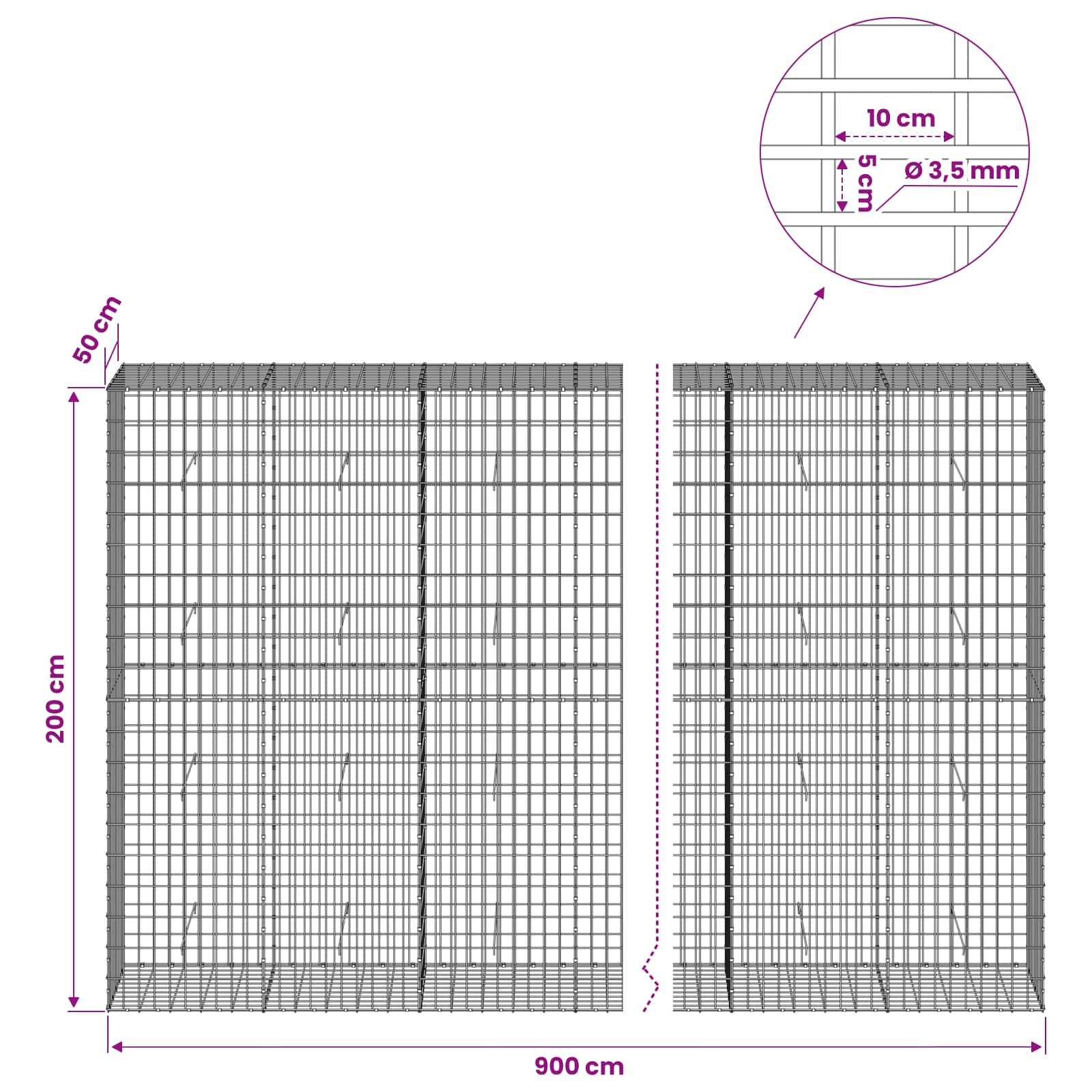 Gabion z 3,5 mm žico in 5x10 cm mrežo 900x50x200 cm