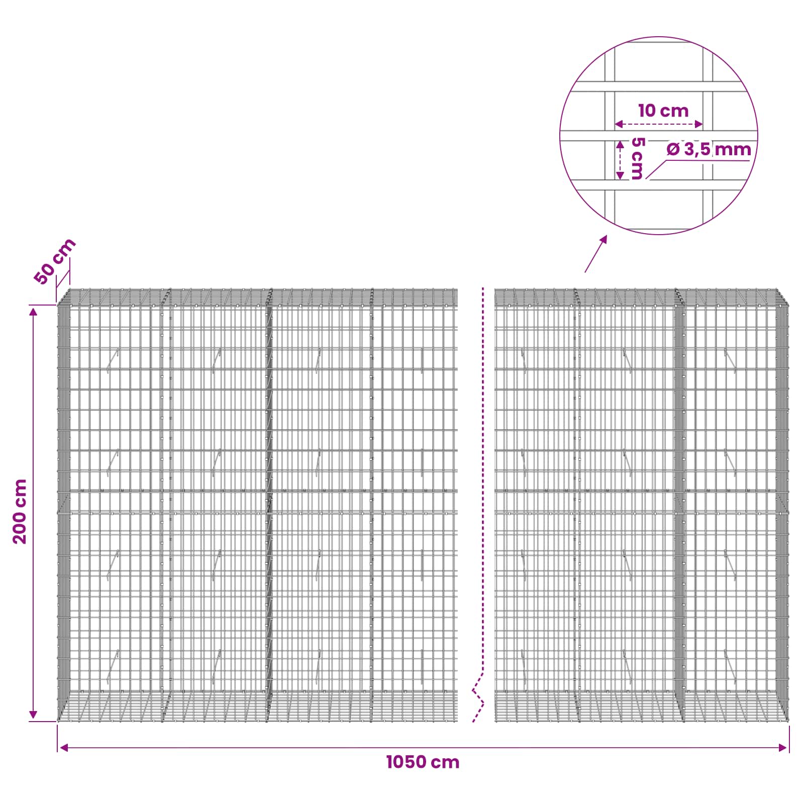Gabion z 3,5 mm žico in 5x10 cm mrežo 1050x50x200 cm