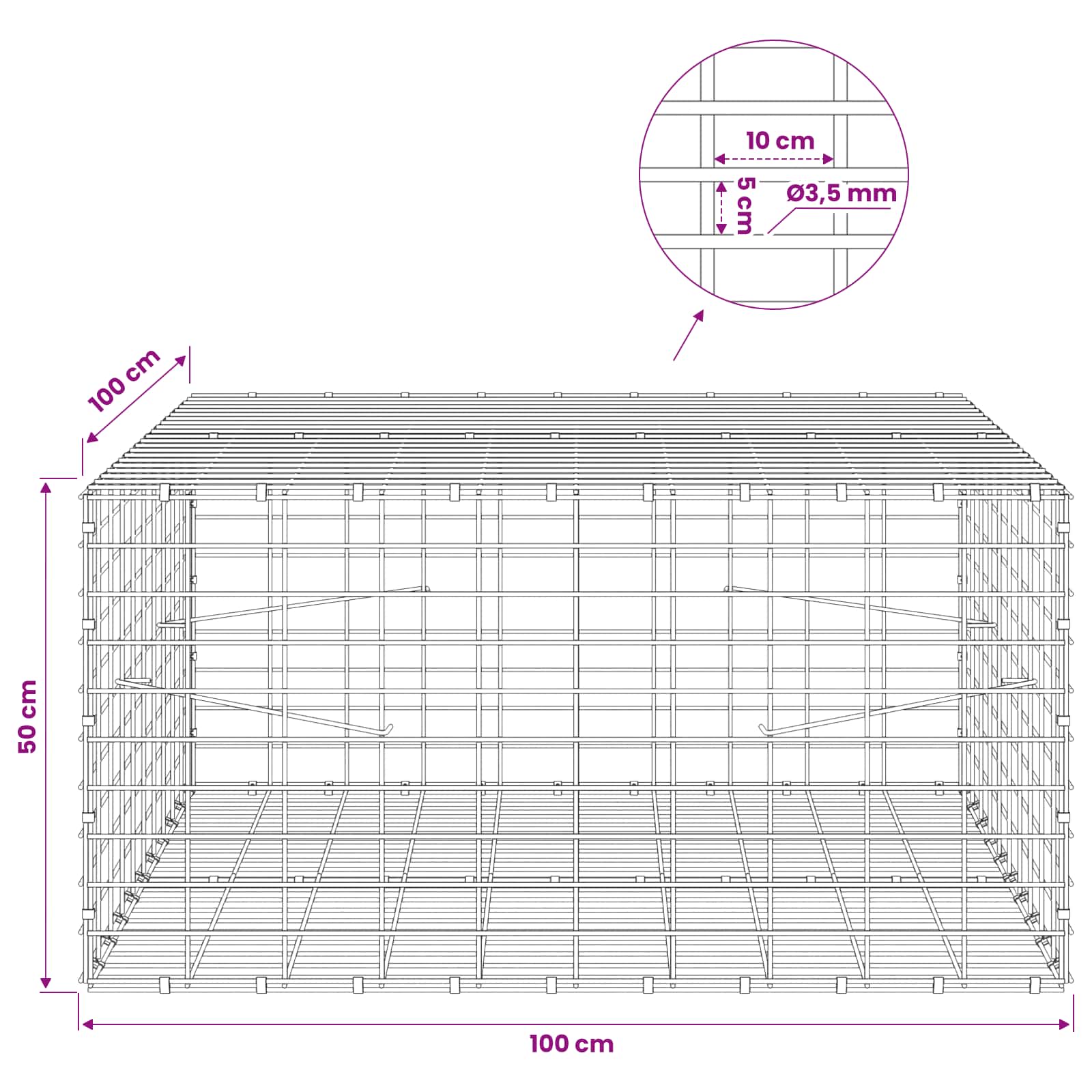 Gabion z 3,5 mm žico in 5x10 cm mrežo 100x100x50 cm