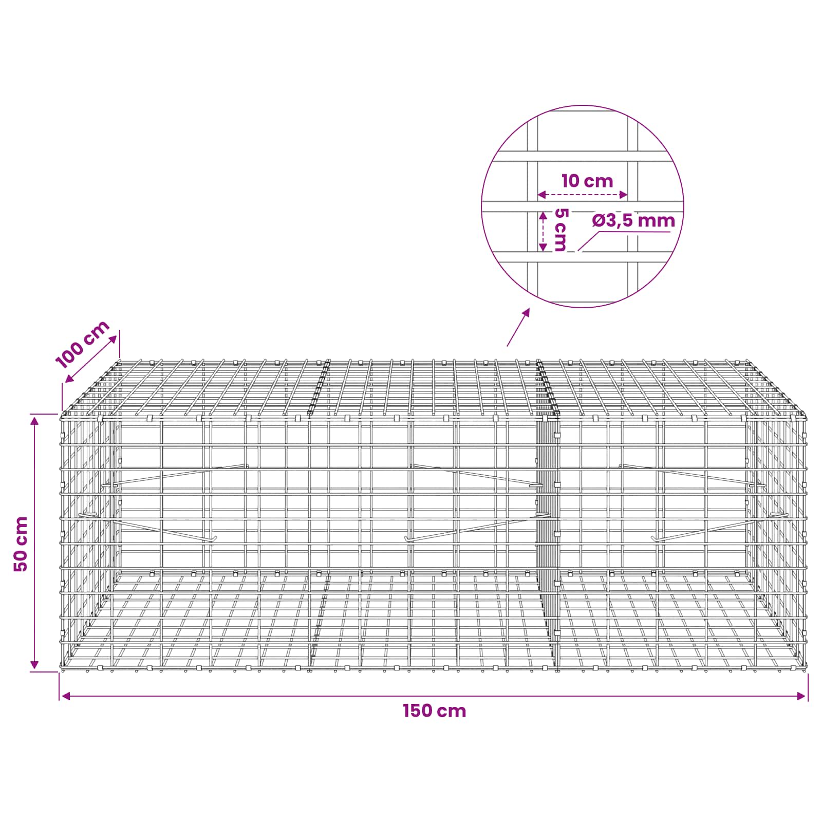 Gabion z 3,5 mm žico in 5x10 cm mrežo 150x100x50 cm