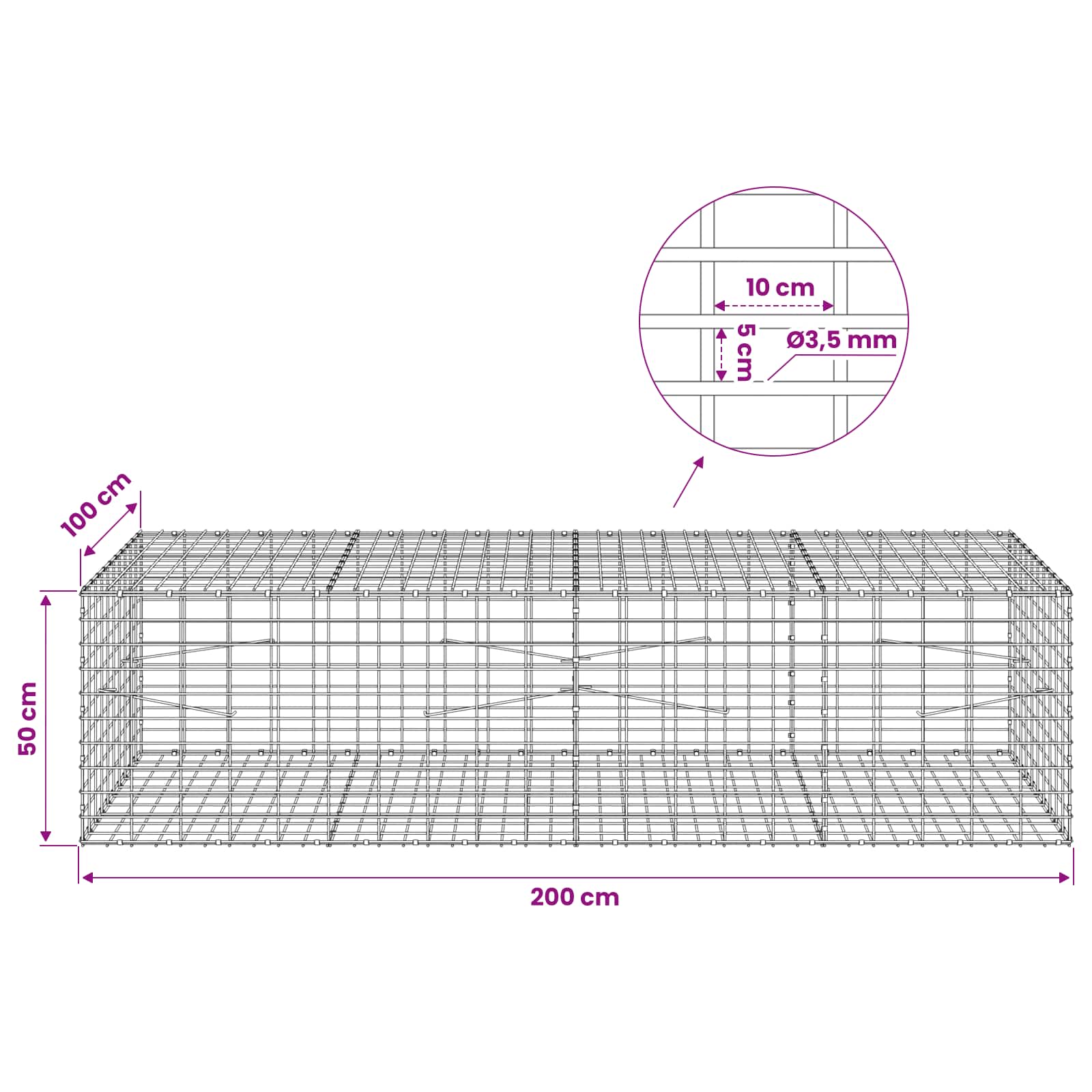 Gabion z 3,5 mm žico in 5x10 cm mrežo 200x100x50 cm