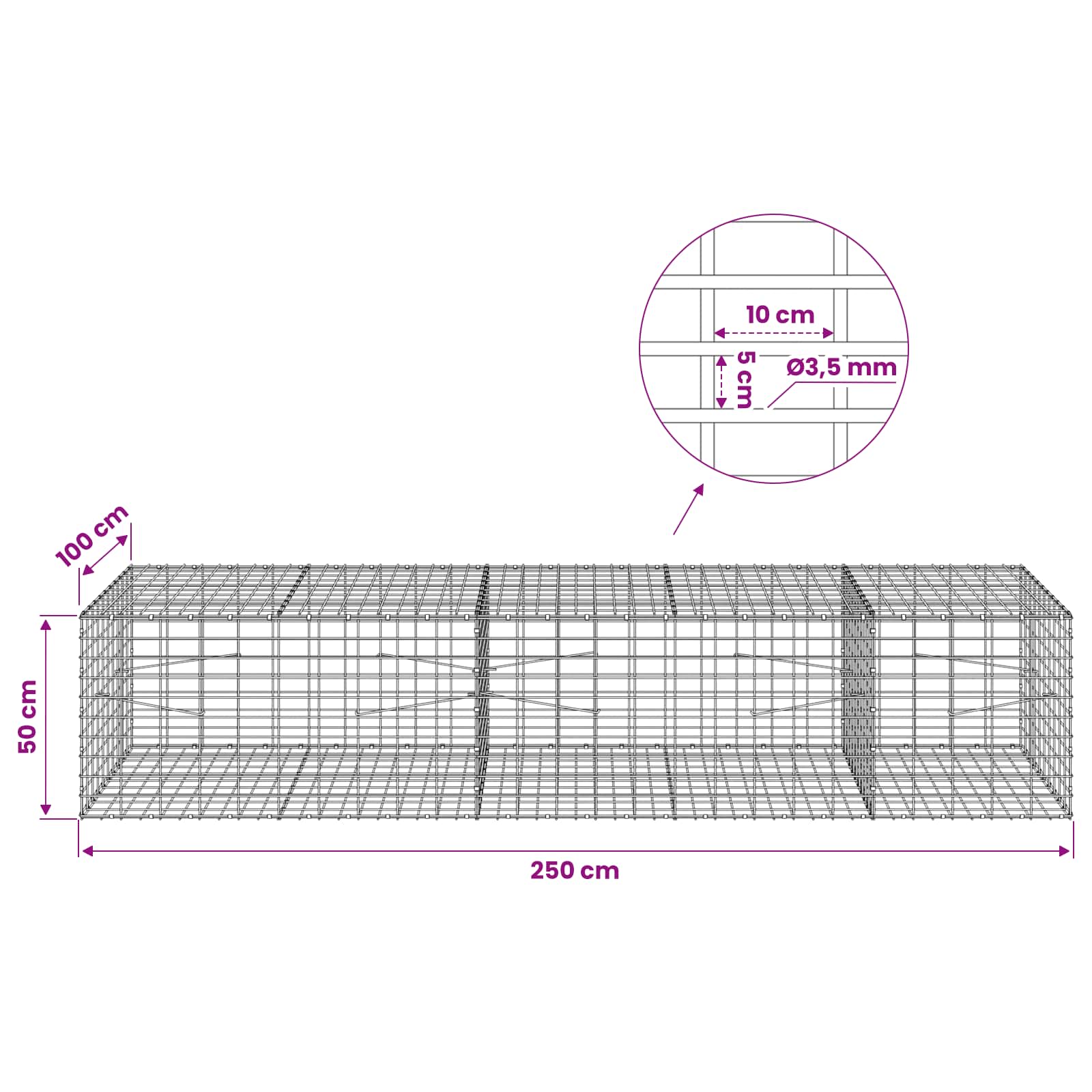 Gabion z 3,5 mm žico in 5x10 cm mrežo 250x100x50 cm
