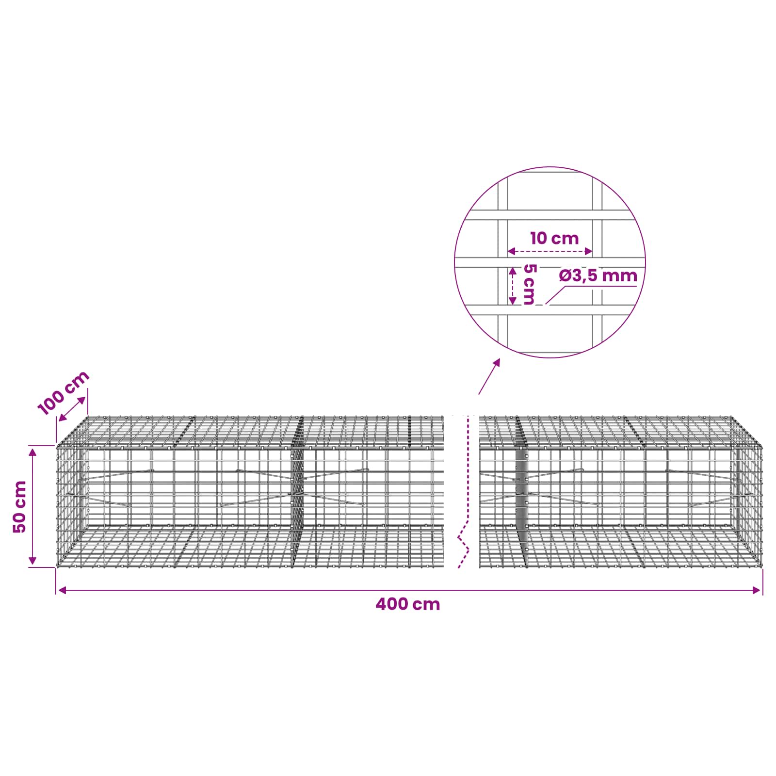 Gabion z 3,5 mm žico in 5x10 cm mrežo 400x100x50 cm