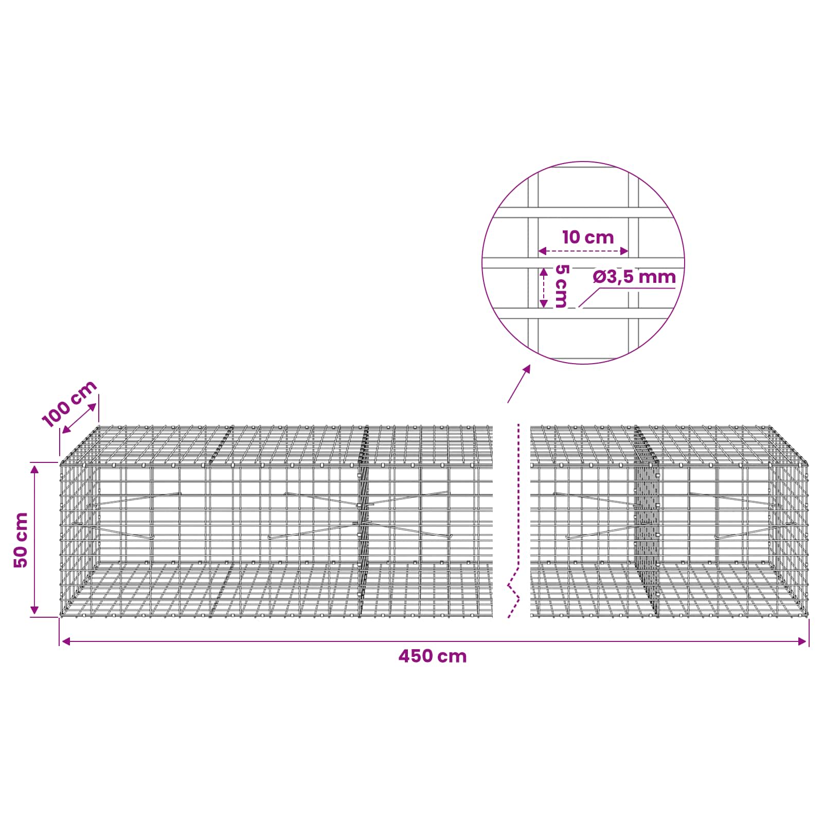 Gabion z 3,5 mm žico in 5x10 cm mrežo 450x100x50 cm
