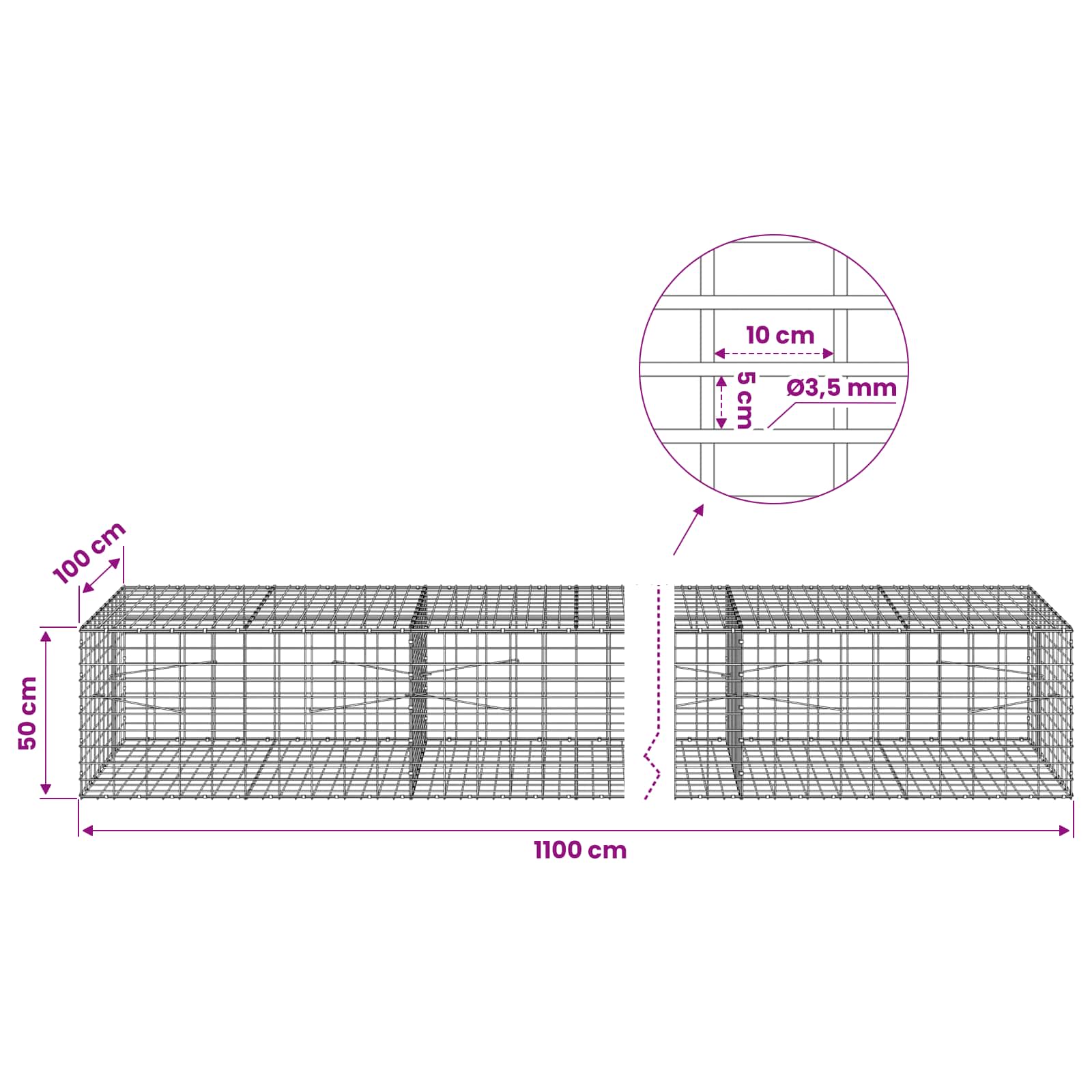 Gabion z 3,5 mm žico in 5x10 cm mrežo 1100x100x50 cm