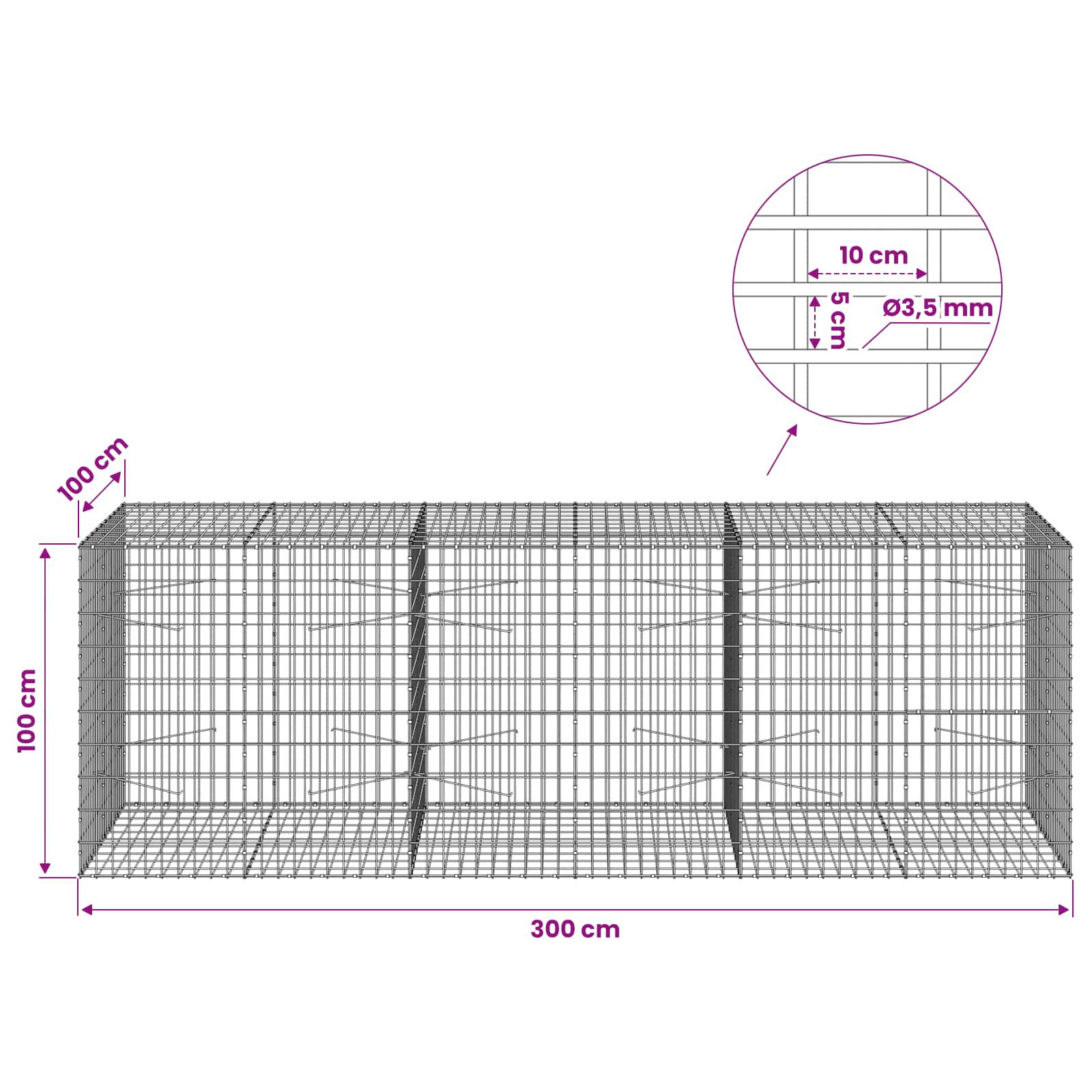 Gabion z 3,5 mm žico in 5x10 cm mrežo 300x100x100 cm