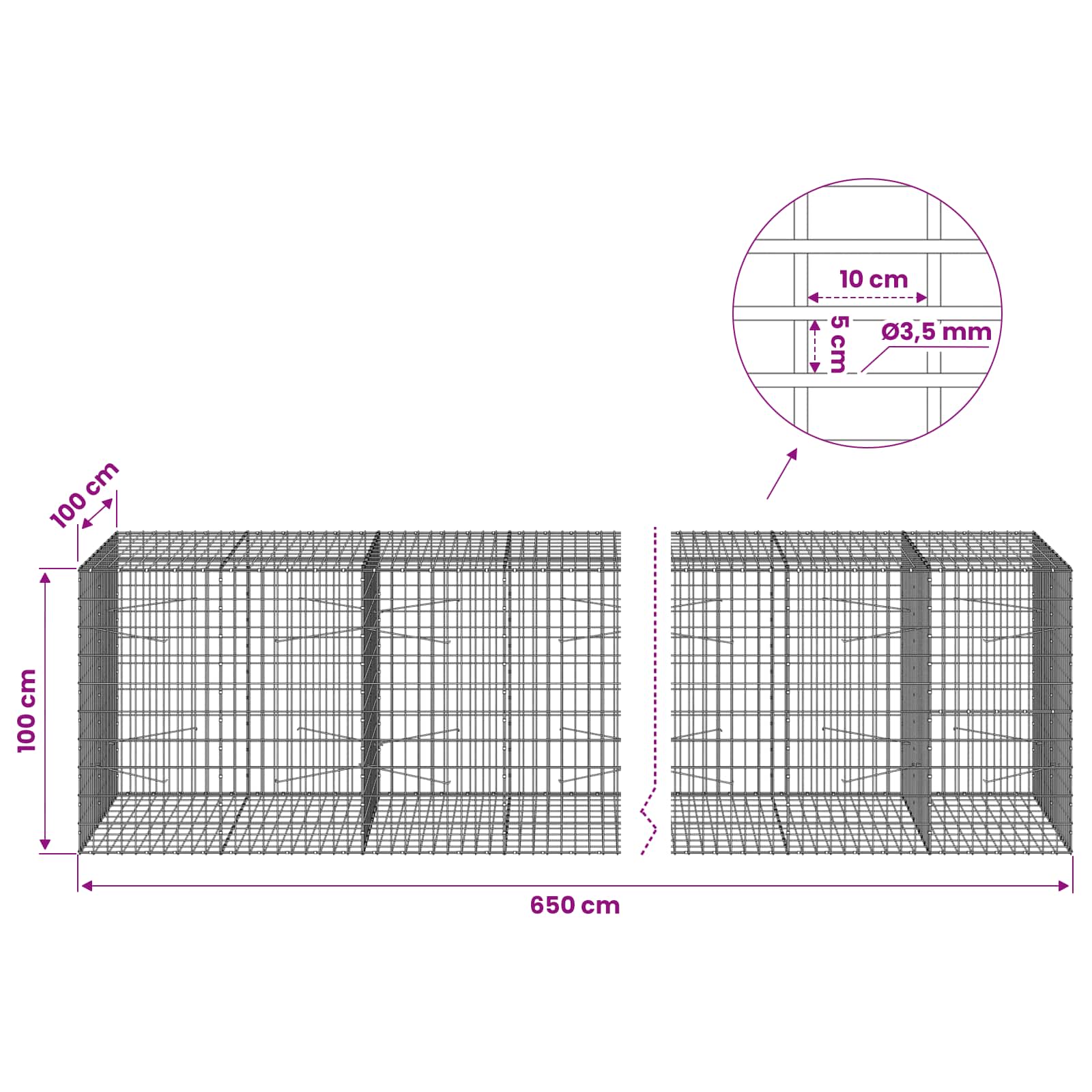 Gabion z 3,5 mm žico in 5x10 cm mrežo 650x100x100 cm
