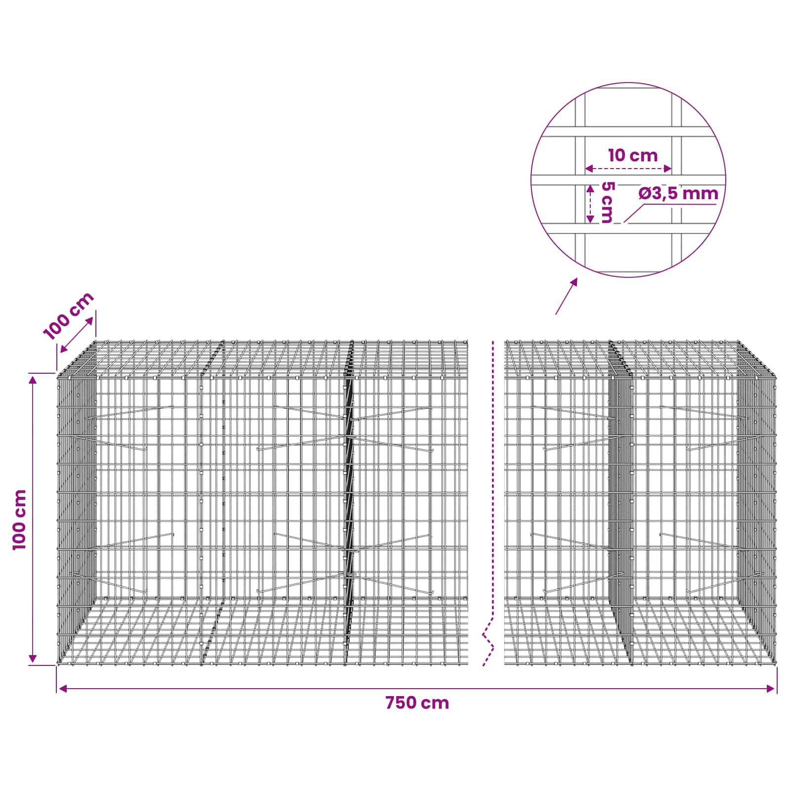 Gabion z 3,5 mm žico in 5x10 cm mrežo 750x100x100 cm