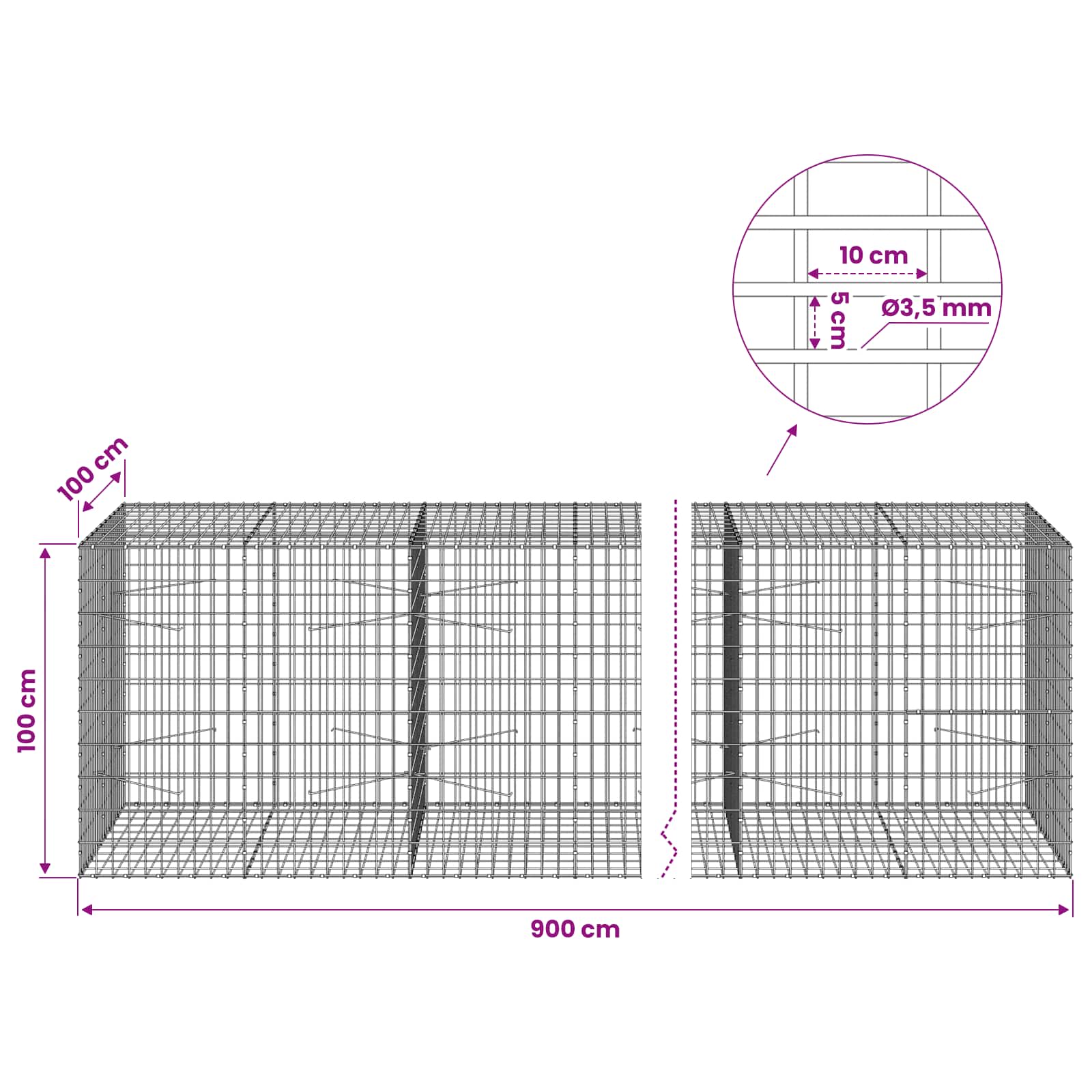 Gabion z 3,5 mm žico in 5x10 cm mrežo 900x100x100 cm