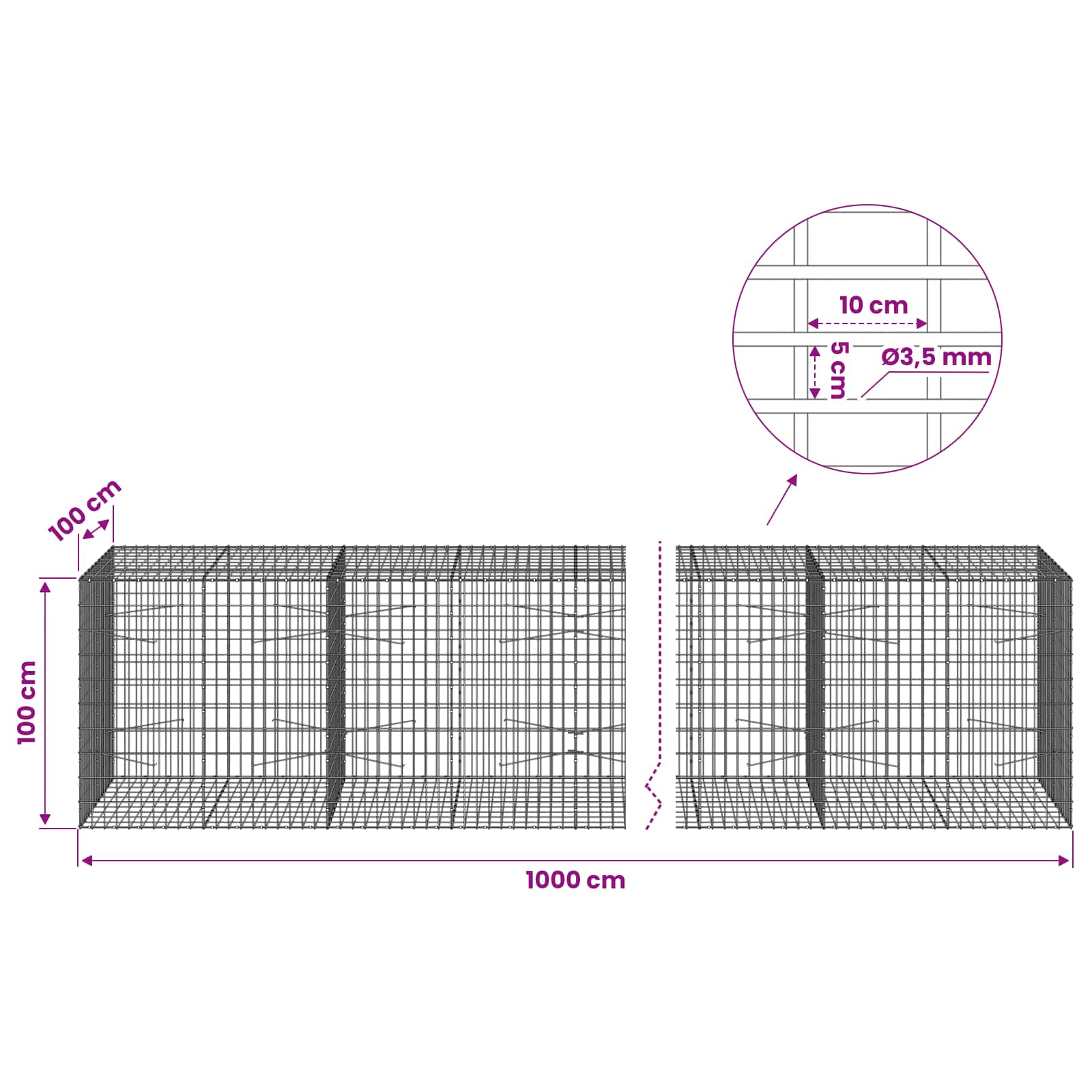 Gabion z 3,5 mm žico in 5x10 cm mrežo 1000x100x100 cm