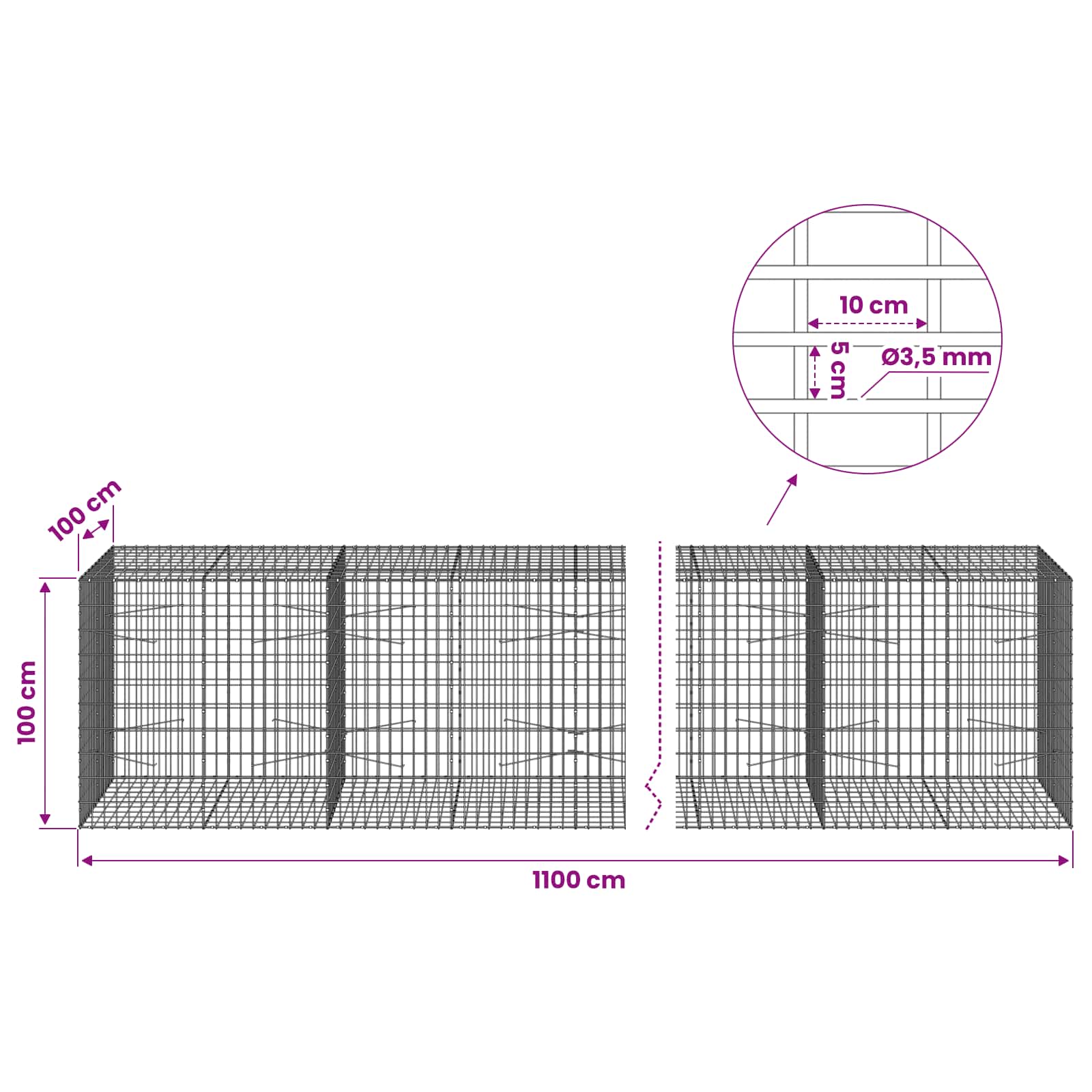 Gabion z 3,5 mm žico in 5x10 cm mrežo 1100x100x100 cm